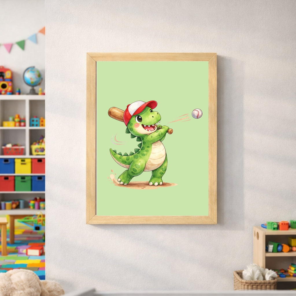 Dinosaur Baseball Wall Art Set of 6 Printable, Cool Boys Sports Room Decor, Big Kid Bedroom Digital Print, Dino Born to Play