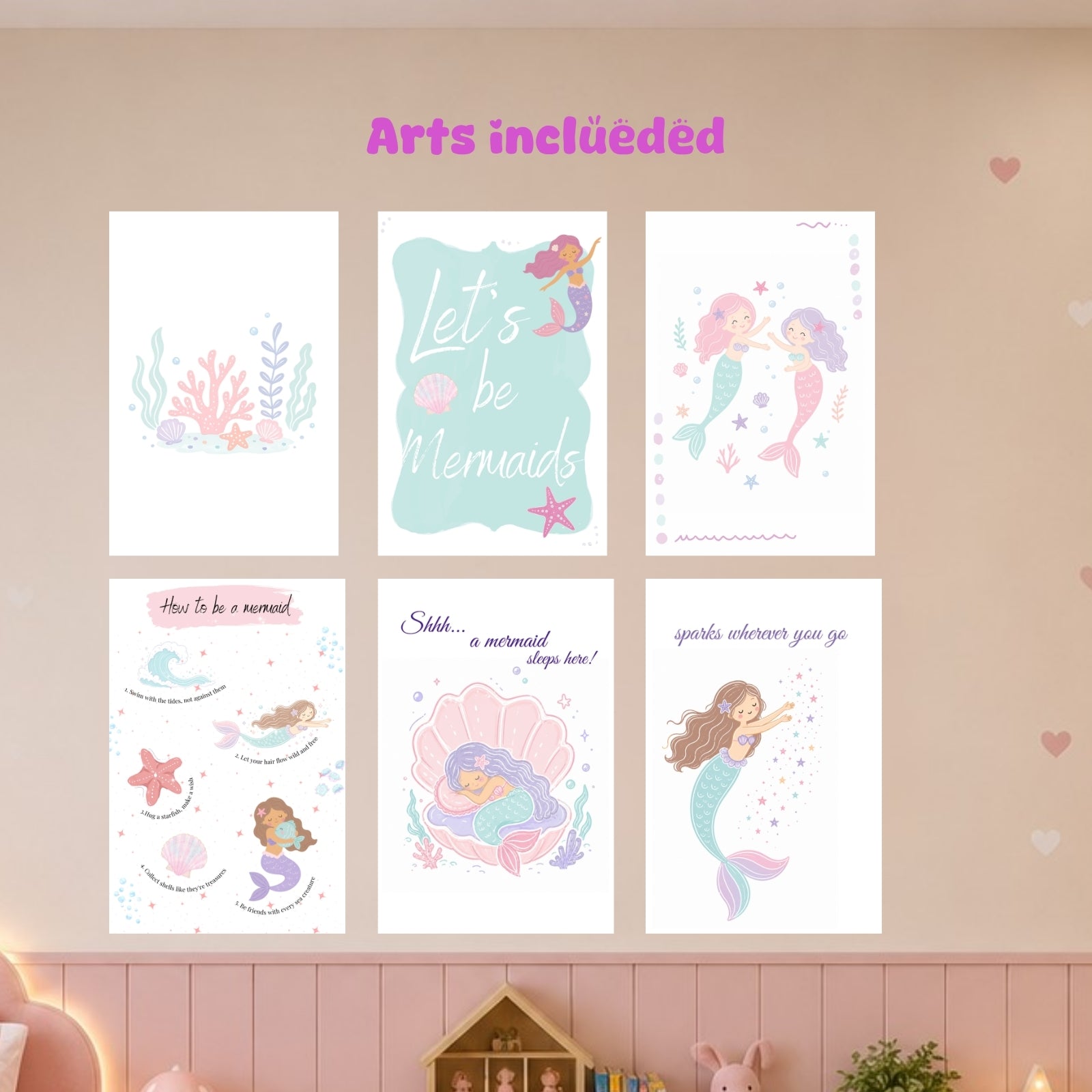 Juego de 30 impresiones de arte de pared de sirenas, decoración de habitación infantil, impresiones para guardería de océano, paquete de pósters del fondo del mar, dormitorio de niña, descarga instantánea