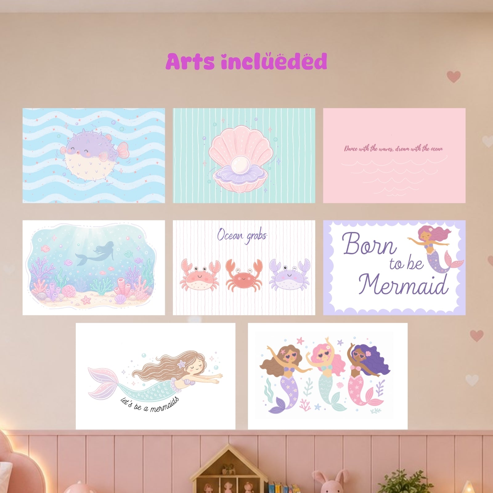 Juego de 30 impresiones de arte de pared de sirenas, decoración de habitación infantil, impresiones para guardería de océano, paquete de pósters del fondo del mar, dormitorio de niña, descarga instantánea