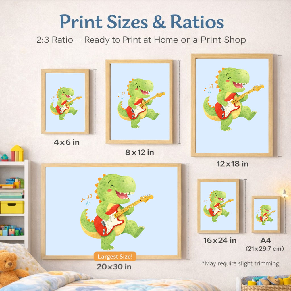 Musical Dinosaur Nursery Wall Art Set of 6 Printable, Dino Boys Room Decor, Baby Dinosaur Digital Print, Rock Star Kids Gift