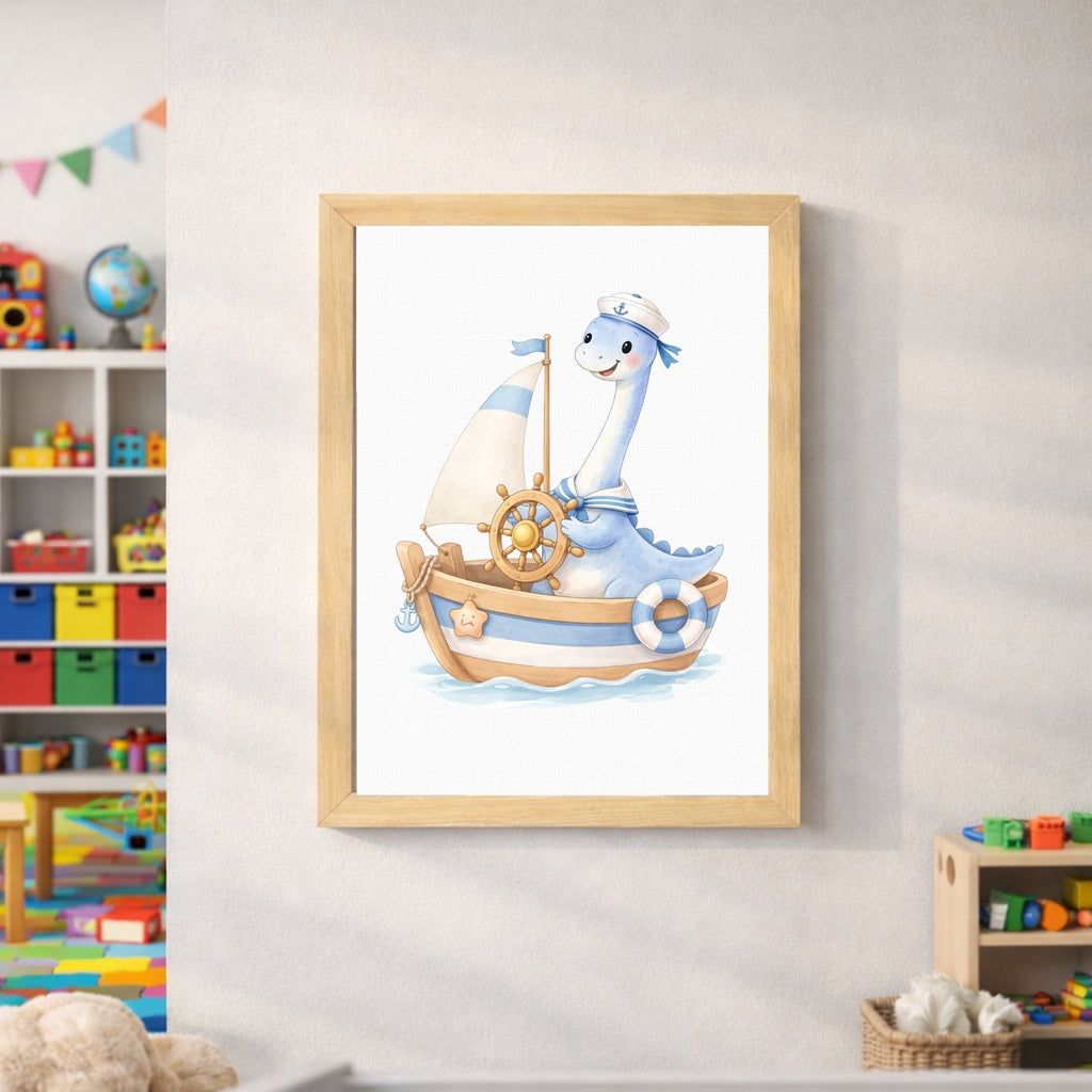 Dinosaur Nautical Wall Art Set of 6 Prints, Printable Kids Room Decor, Sailor Dino Nursery Poster, Baby Boy Bedroom Instant Download