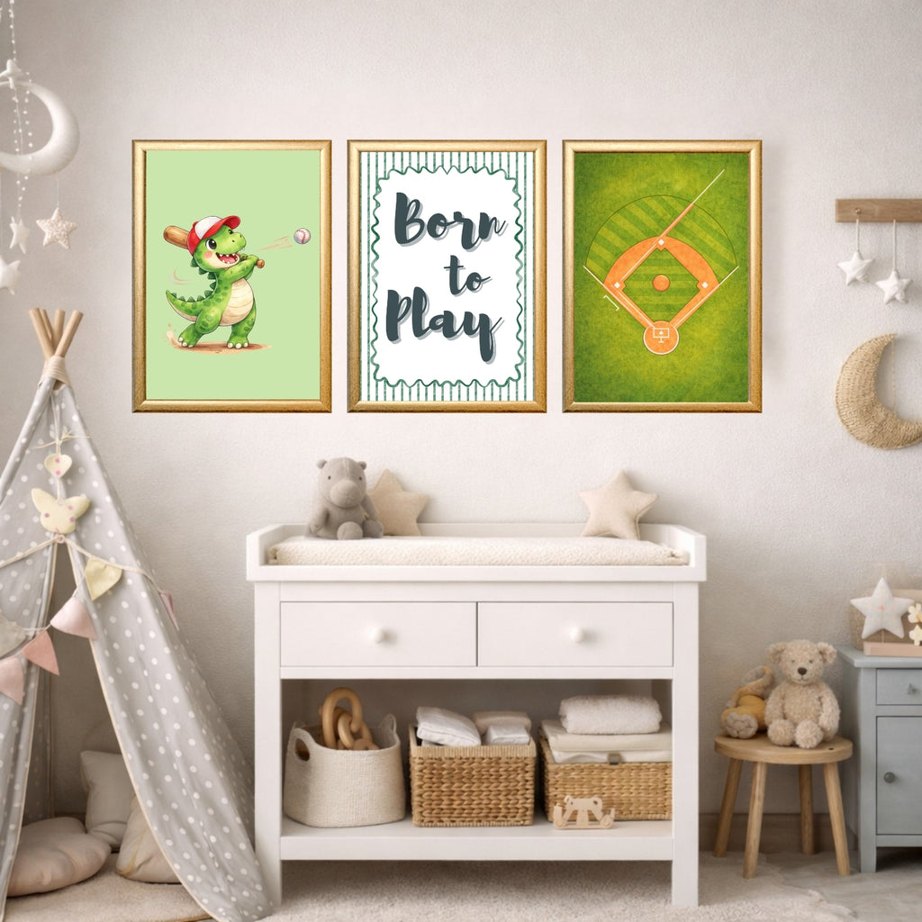 Dinosaur Baseball Wall Art Set of 6 Printable, Cool Boys Sports Room Decor, Big Kid Bedroom Digital Print, Dino Born to Play