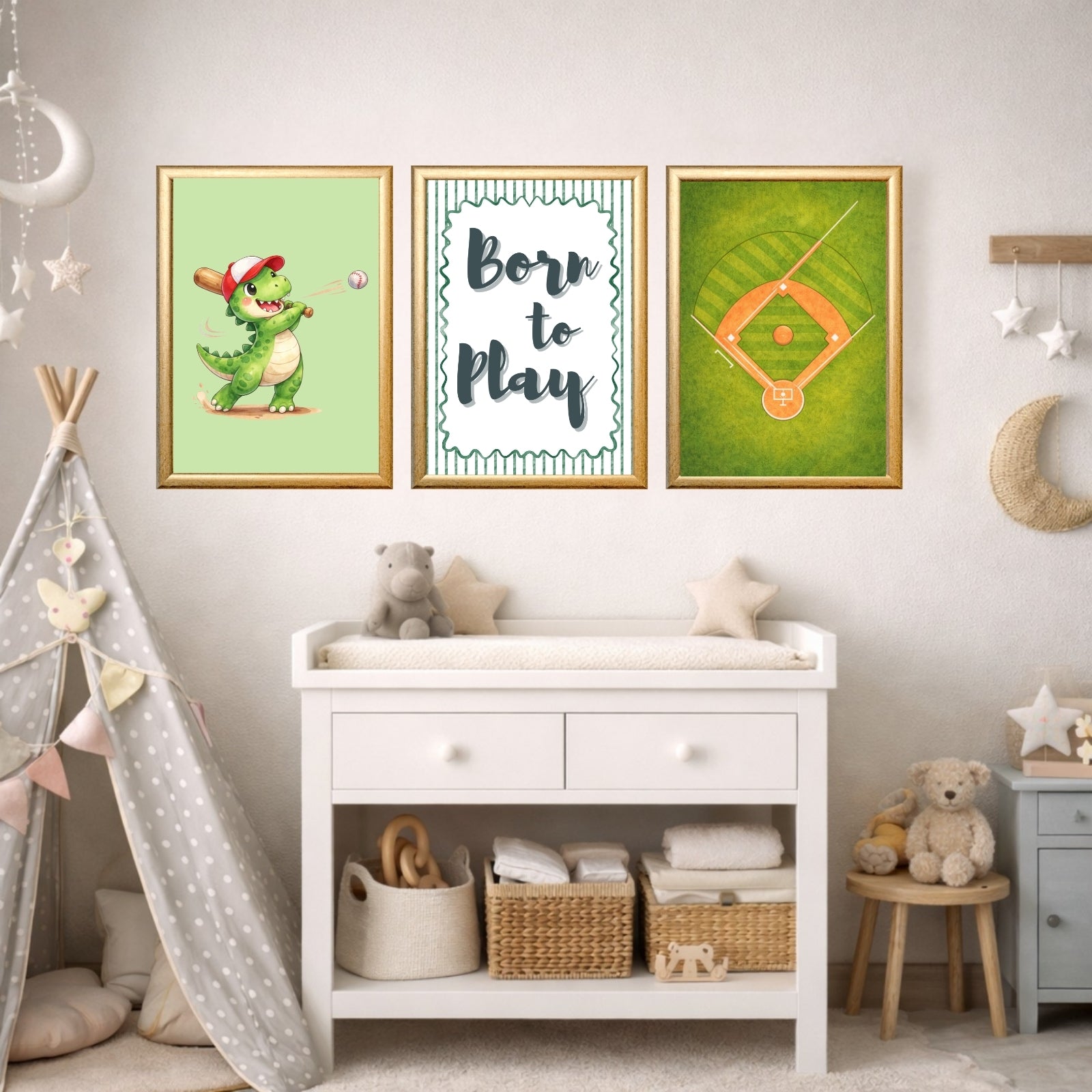 Dinosaur Baseball Wall Art Set of 6 Printable, Cool Boys Sports Room Decor, Big Kid Bedroom Digital Print, Dino Born to Play