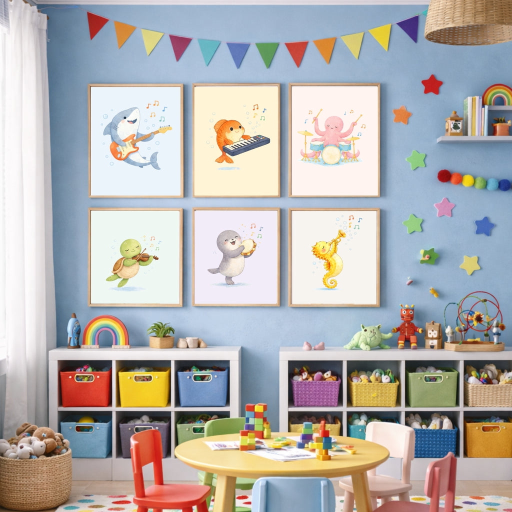 Ocean Animals Nursery Wall Art Set of 6, Printable Music Watercolor Prints, Baby Boy Girl Room Decor, Sea Animals Poster Instant Download