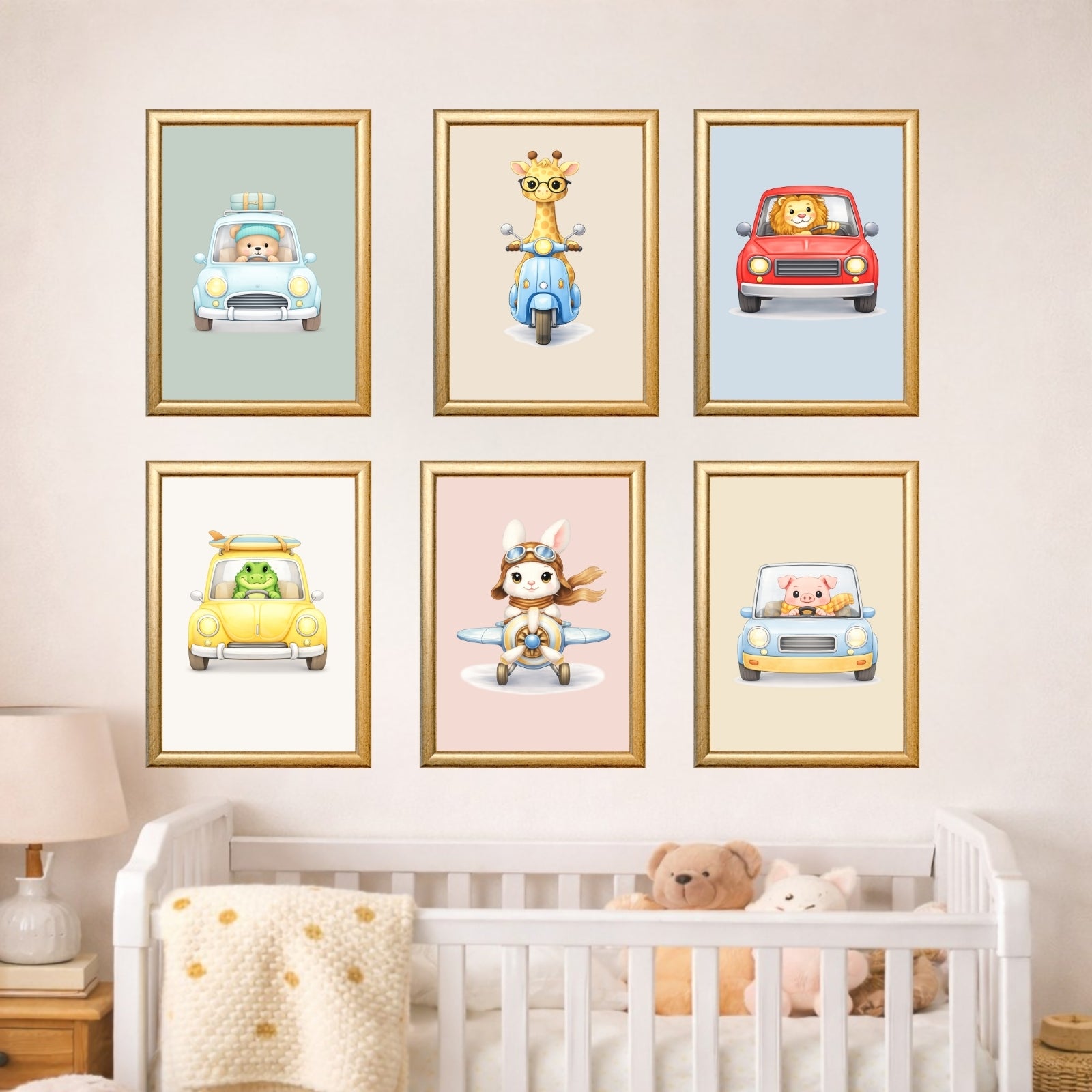 Animals Driving Cars Nursery Wall Art Set of 6 Printable, Transportation Boys Room Decor, Cute Animal Vehicle Digital Print, Colorful