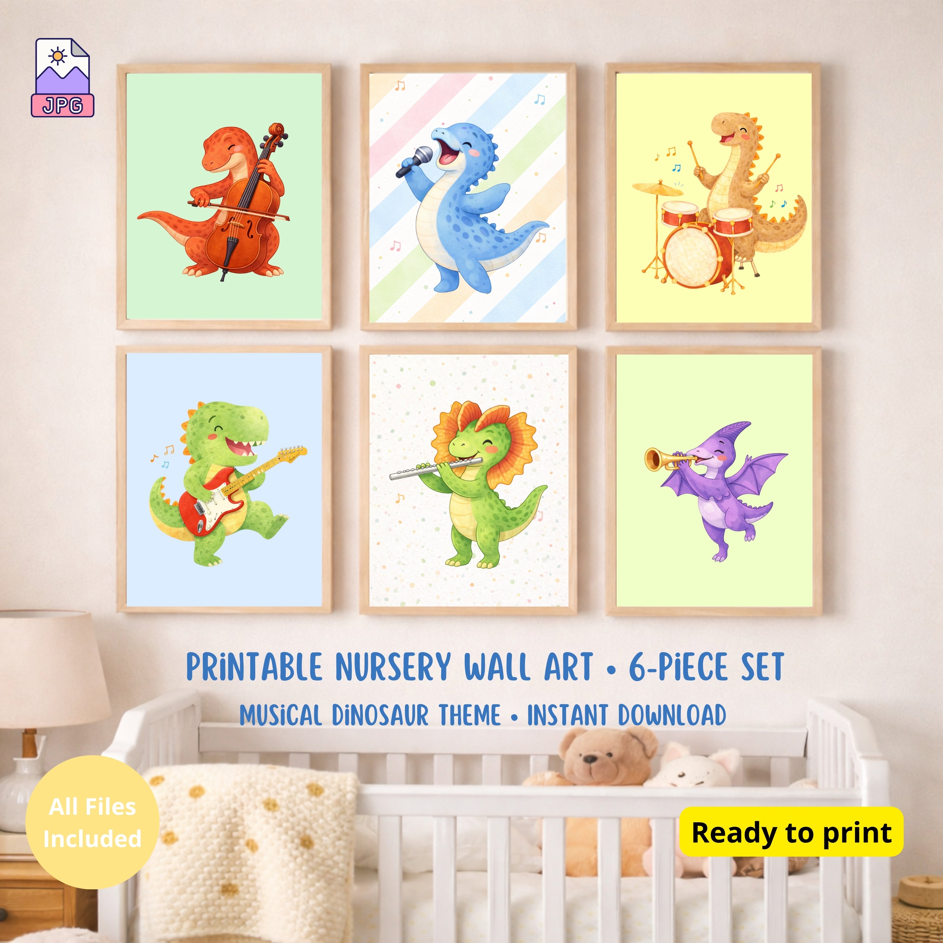 Musical Dinosaur Nursery Wall Art Set of 6 Printable, Dino Boys Room Decor, Baby Dinosaur Digital Print, Rock Star Kids Gift