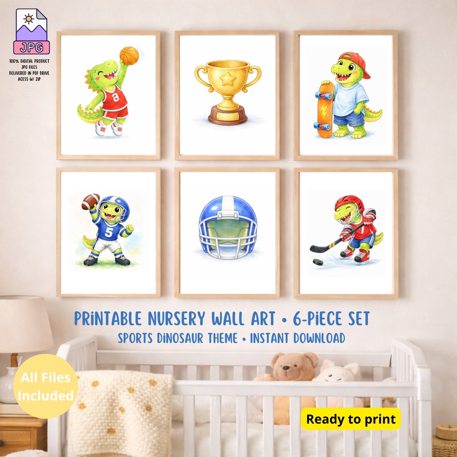Dinosaur Nursery Wall Art Printable Set of 6, Sports Dino Watercolor Art, Baby Boy Room Decor, Kids Dinosaur Wall Decor, Playroom Printable