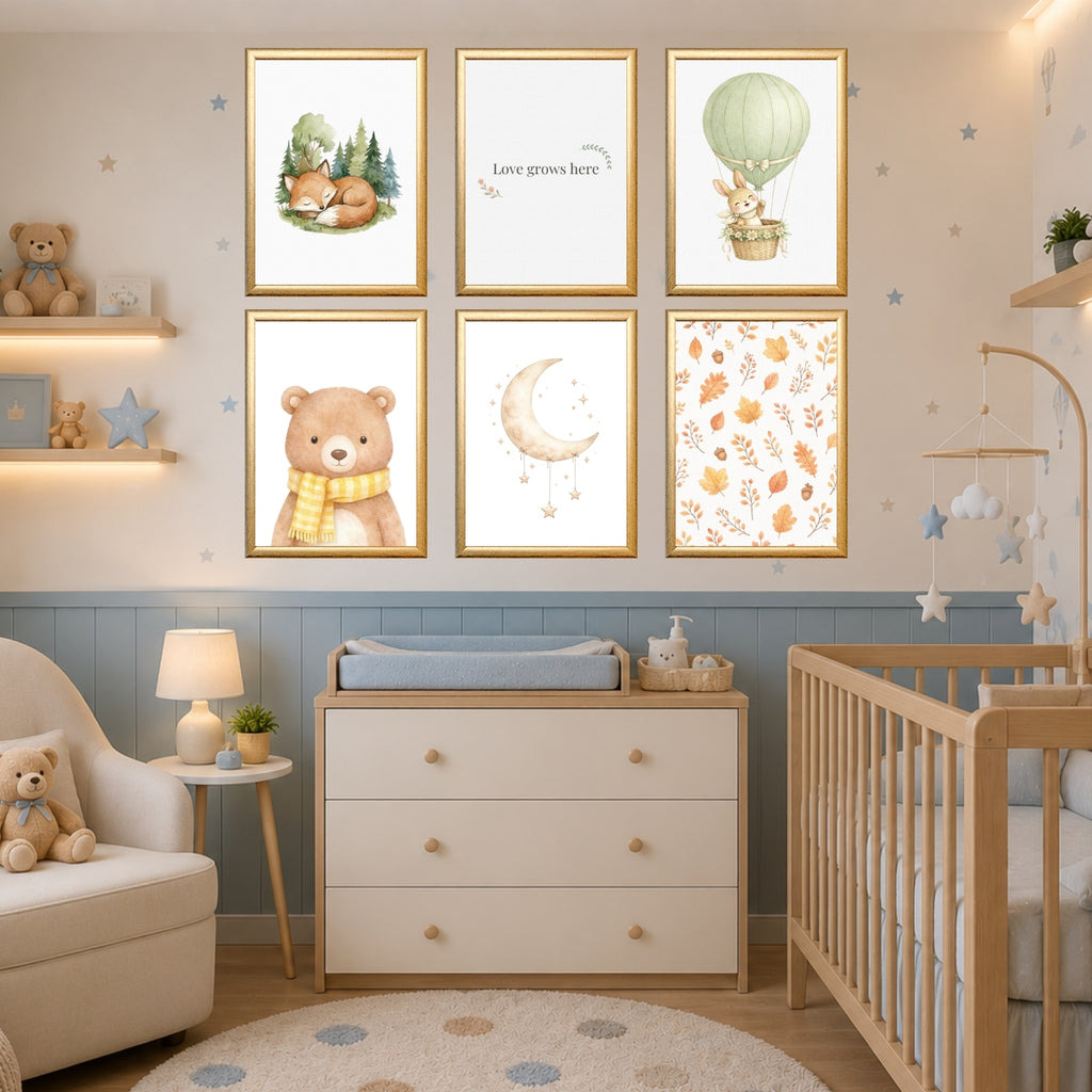 Woodland Nursery Wall Art Printable Set, Love Grows Here Nursery Decor, Boho Forest Animals Baby Room, Fox Bear Bunny 6 Print