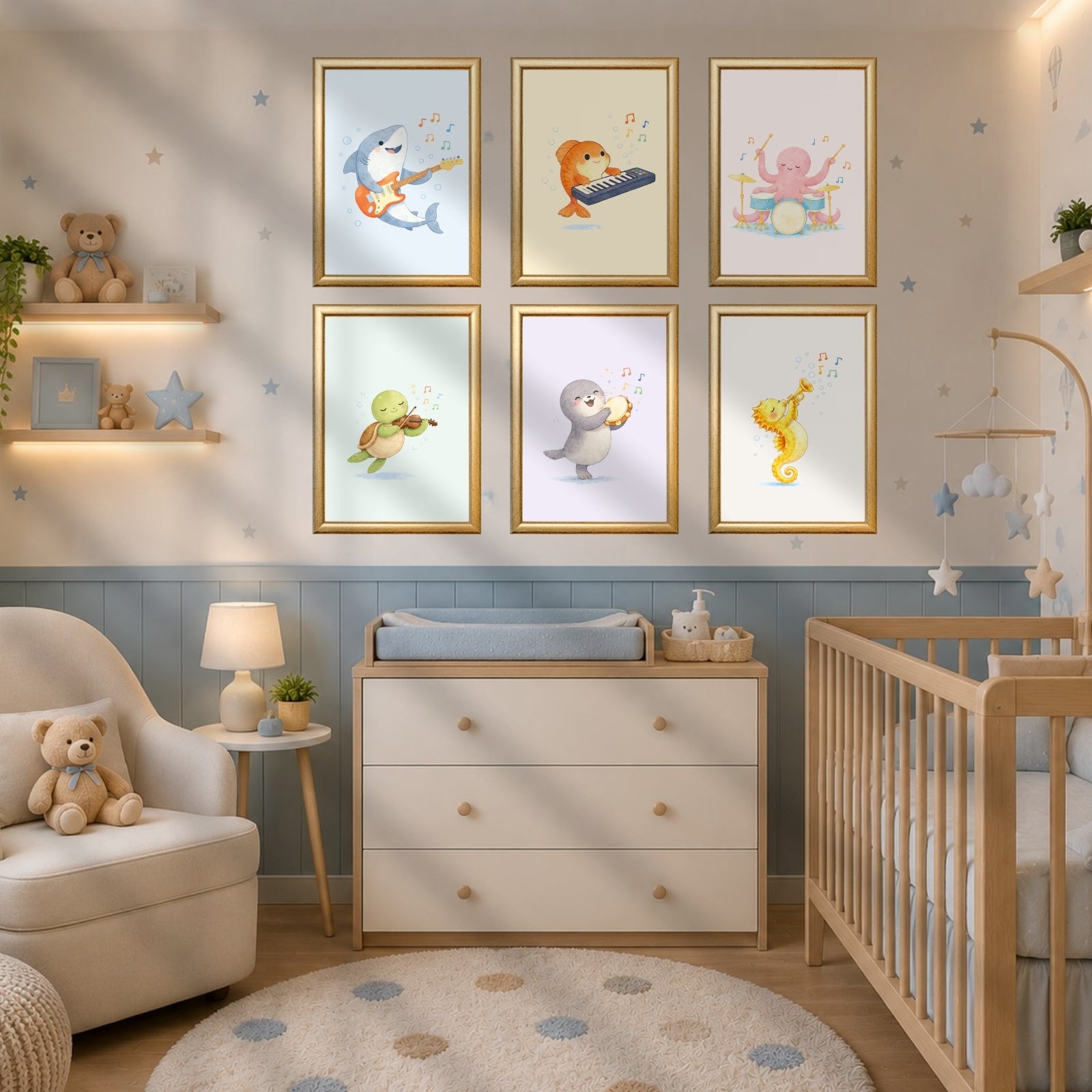 Ocean Animals Nursery Wall Art Set of 6, Printable Music Watercolor Prints, Baby Boy Girl Room Decor, Sea Animals Poster Instant Download