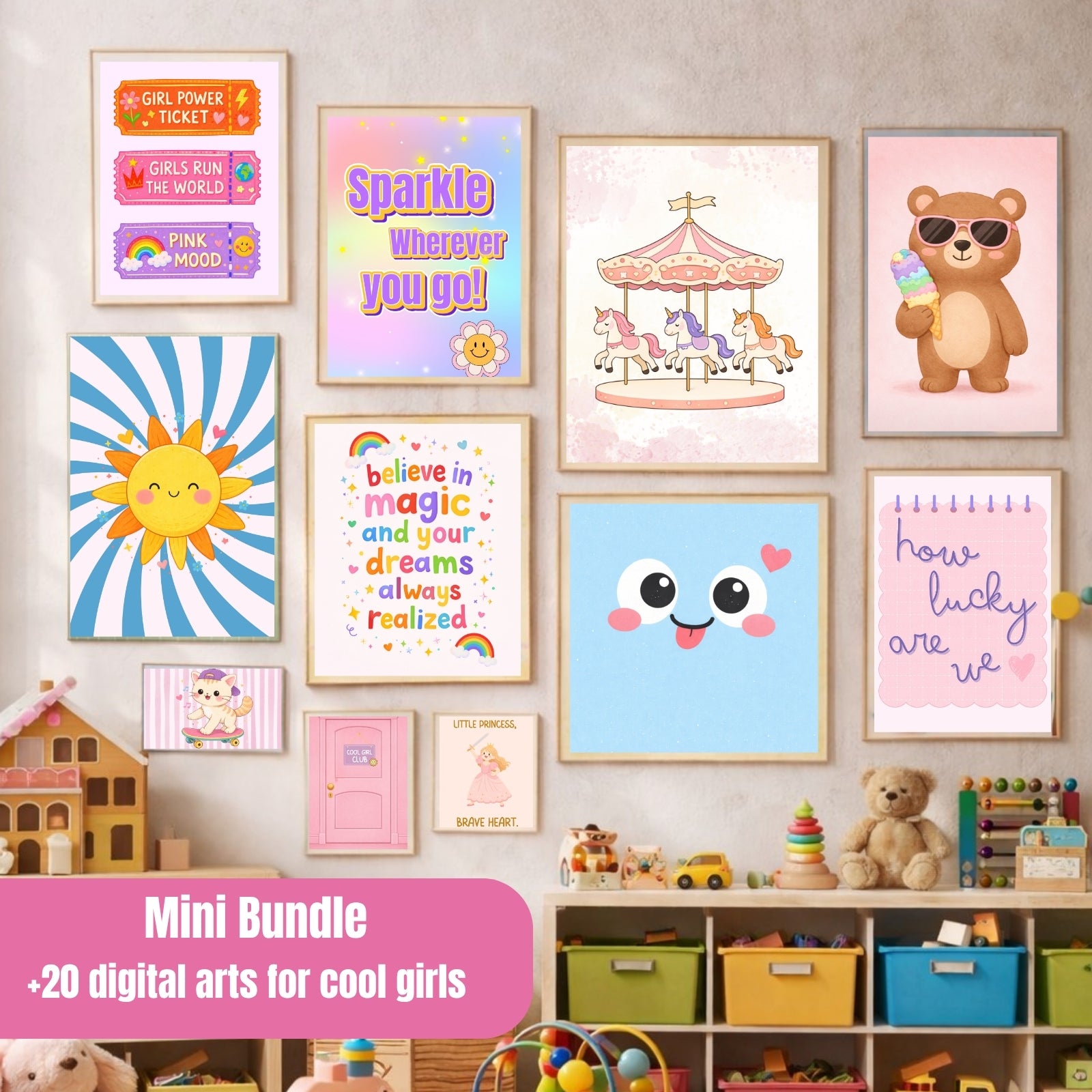 Girls Wall Art Bundle, 20 Prints for Kids Room Decor, Cute Animals Nursery Poster Set, Colorful Bedroom Printable, Digital Download
