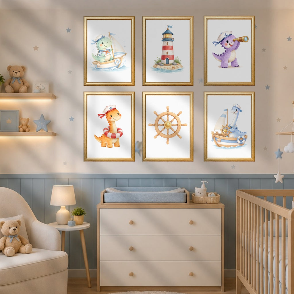 Dinosaur Nautical Wall Art Set of 6 Prints, Printable Kids Room Decor, Sailor Dino Nursery Poster, Baby Boy Bedroom Instant Download