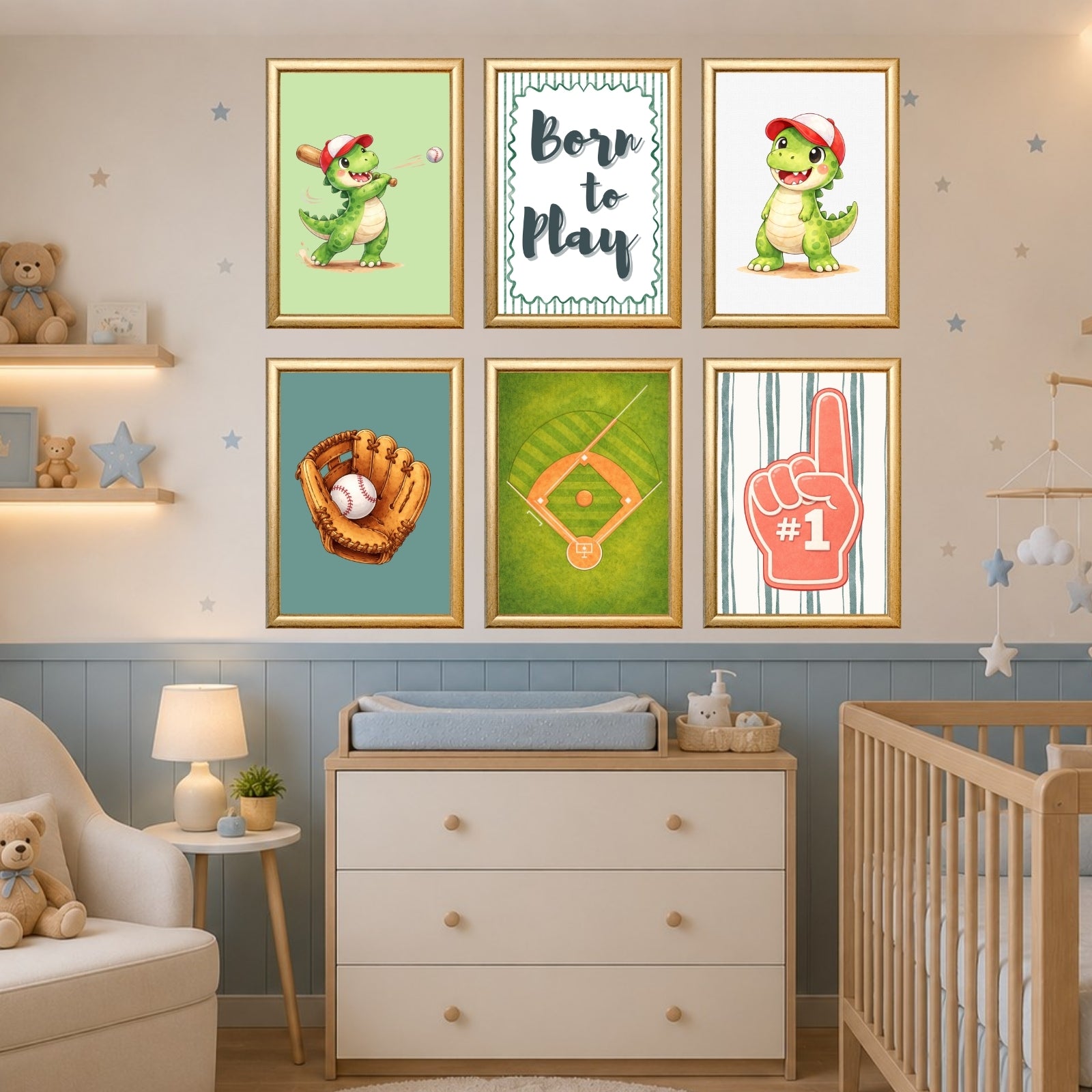 Dinosaur Baseball Wall Art Set of 6 Printable, Cool Boys Sports Room Decor, Big Kid Bedroom Digital Print, Dino Born to Play
