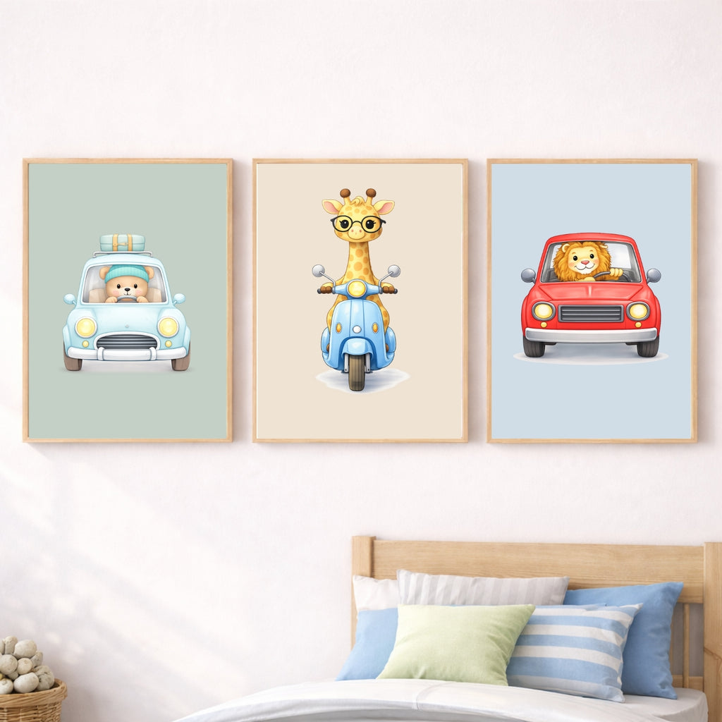 Animals Driving Cars Nursery Wall Art Set of 6 Printable, Transportation Boys Room Decor, Cute Animal Vehicle Digital Print, Colorful
