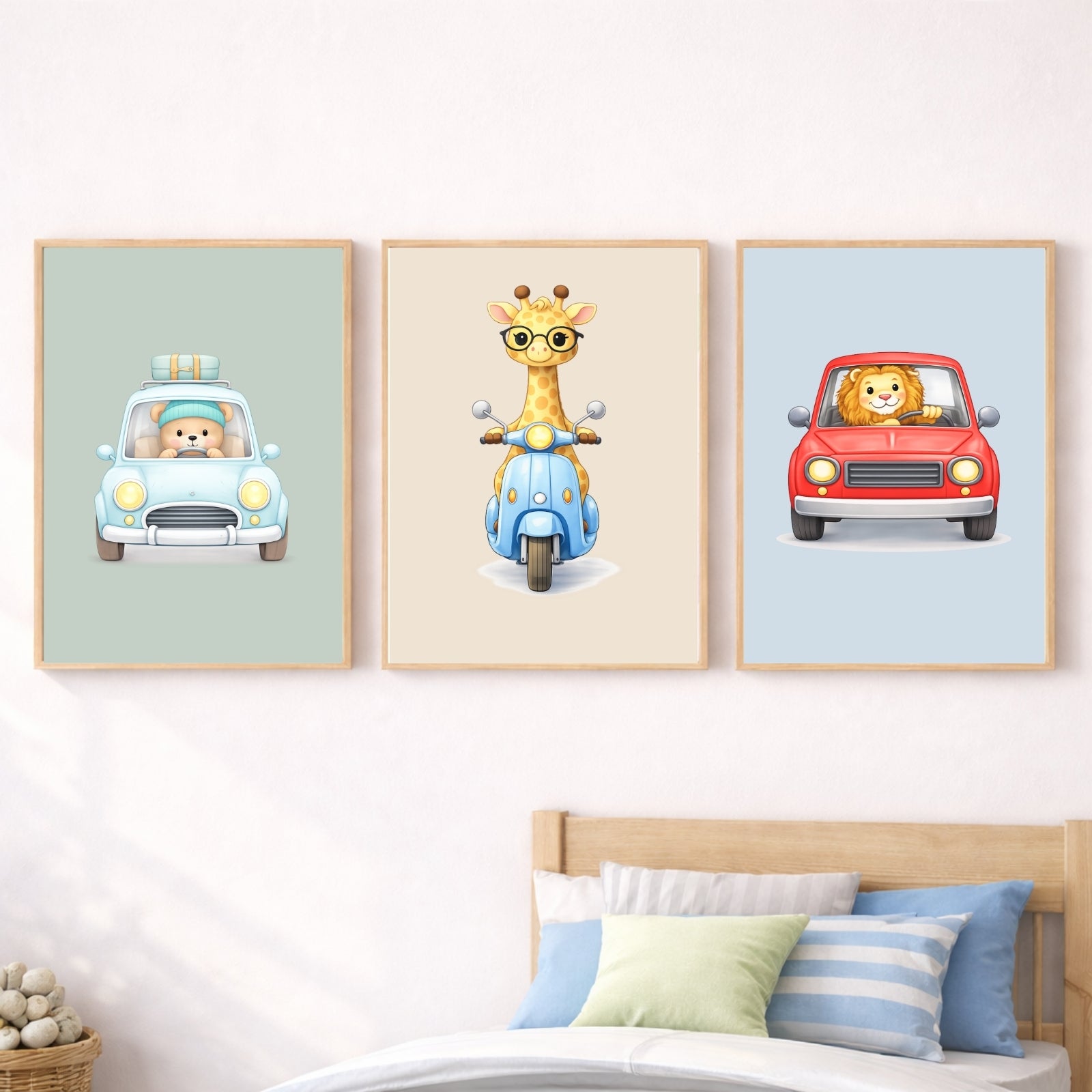 Animals Driving Cars Nursery Wall Art Set of 6 Printable, Transportation Boys Room Decor, Cute Animal Vehicle Digital Print, Colorful