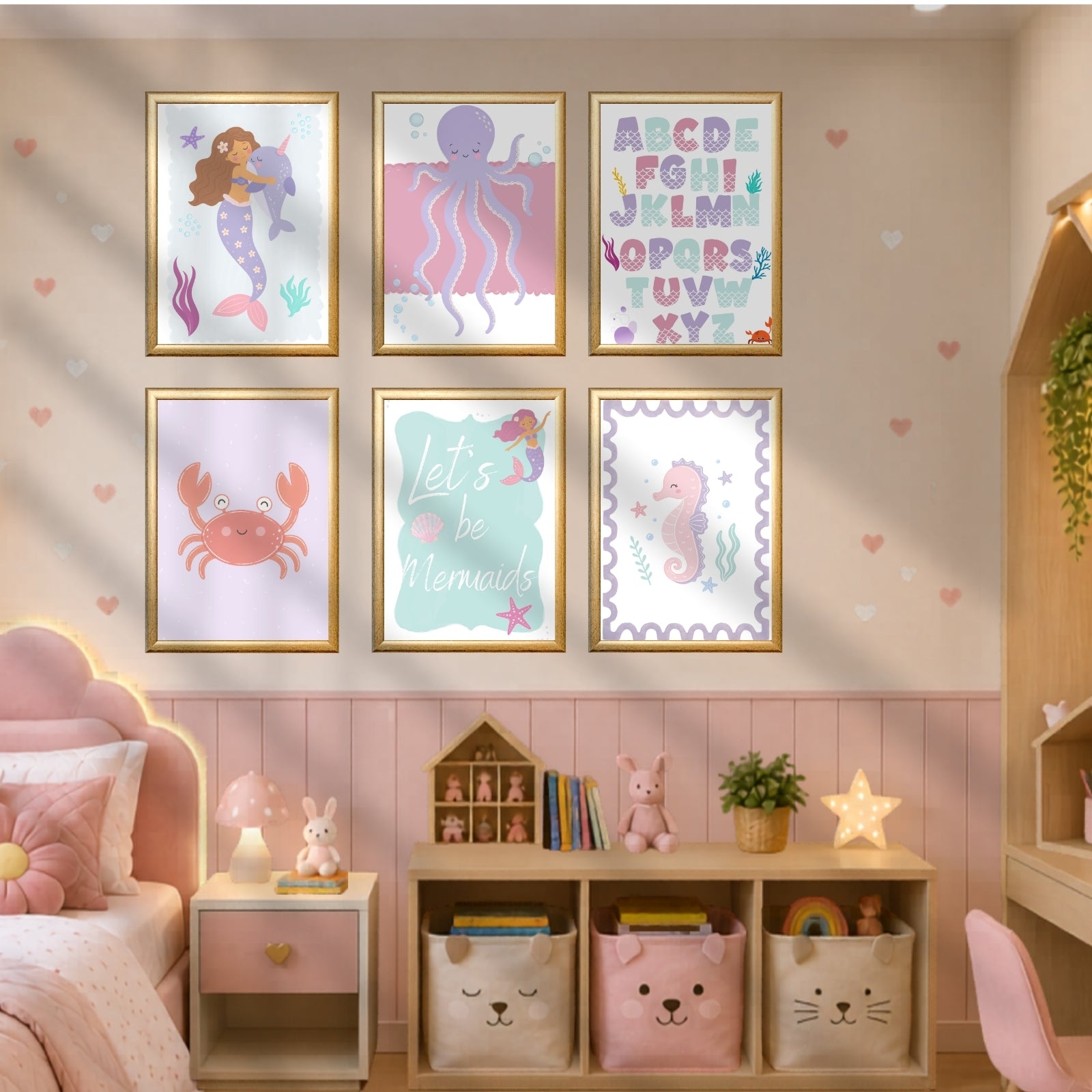 Juego de 30 impresiones de arte de pared de sirenas, decoración de habitación infantil, impresiones para guardería de océano, paquete de pósters del fondo del mar, dormitorio de niña, descarga instantánea