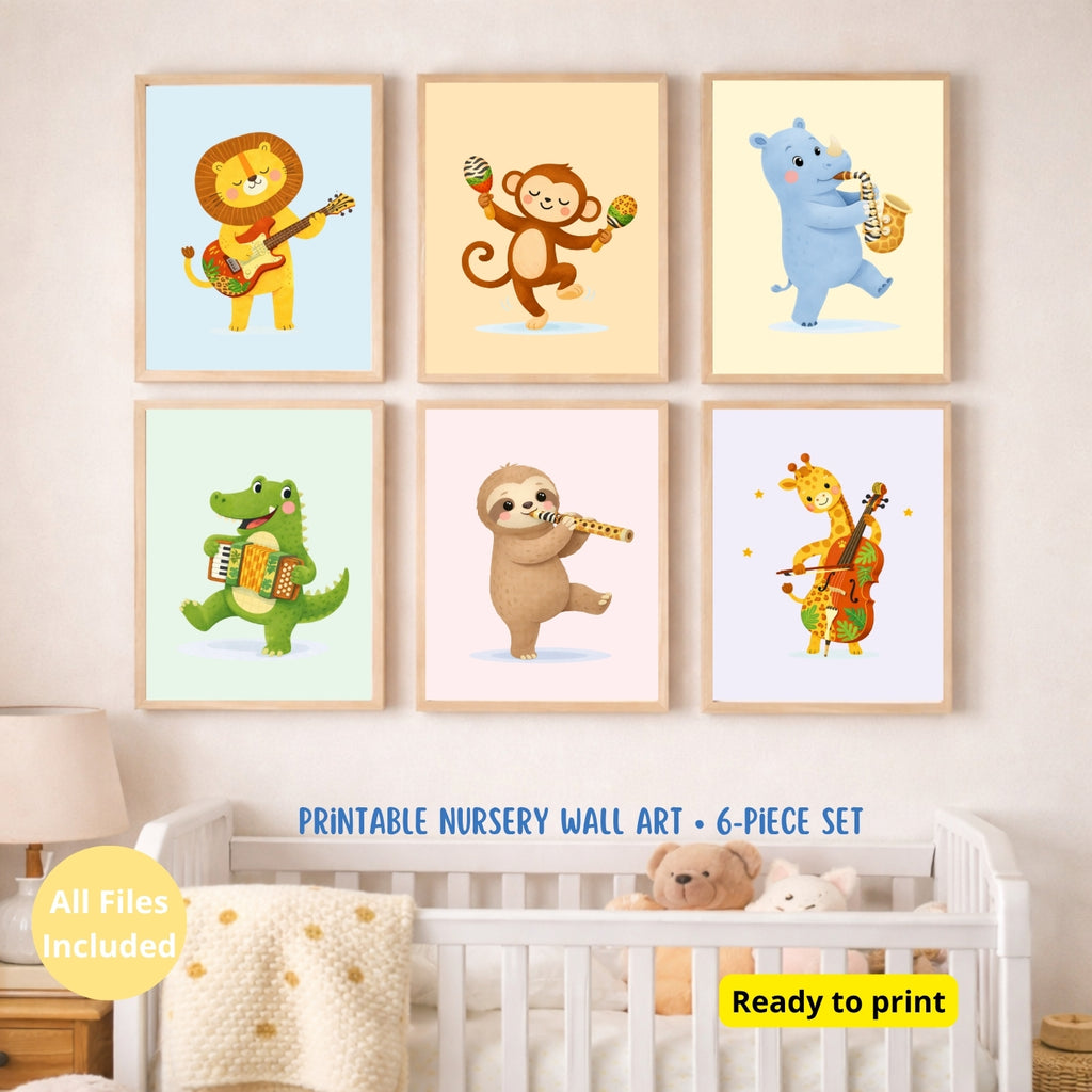 Safari Musical Nursery Wall Art Set of 6 | Baby Animals Music Prints | Jungle Nursery Decor | Kids Room Printable | Toddler Wall Art | Digital Download