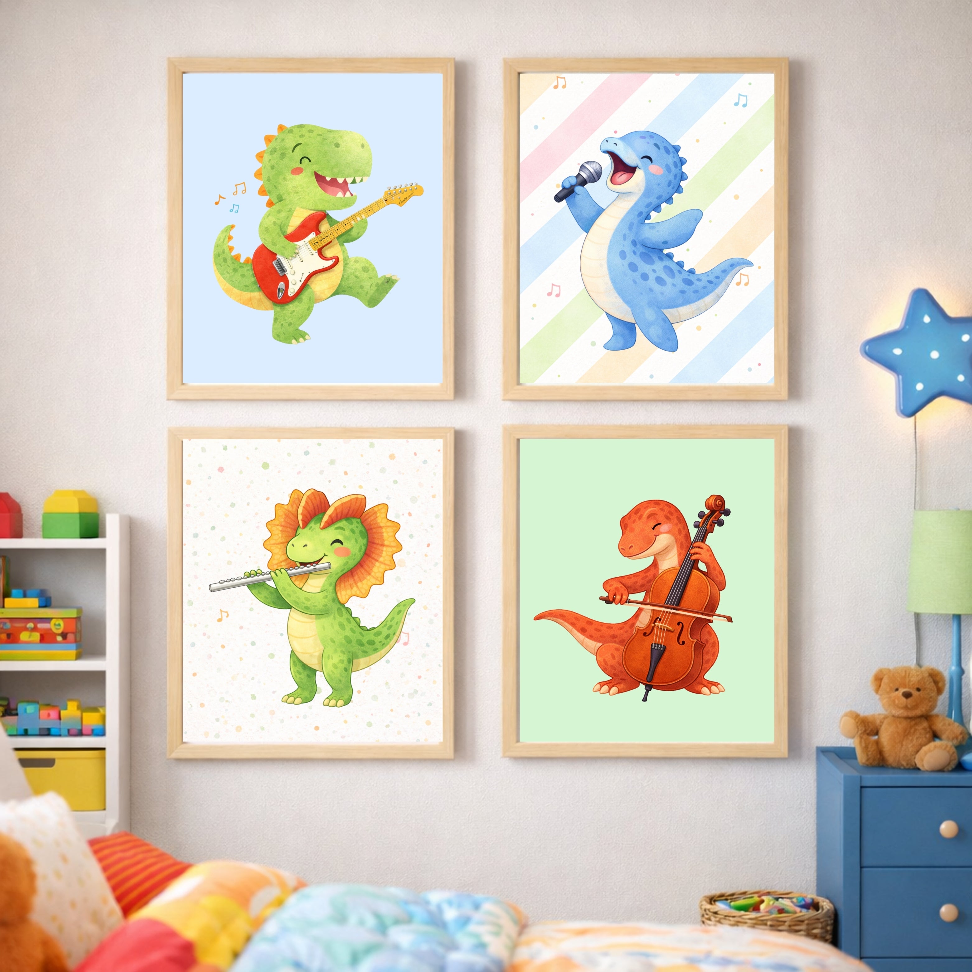 Musical Dinosaur Nursery Wall Art Set of 6 Printable, Dino Boys Room Decor, Baby Dinosaur Digital Print, Rock Star Kids Gift