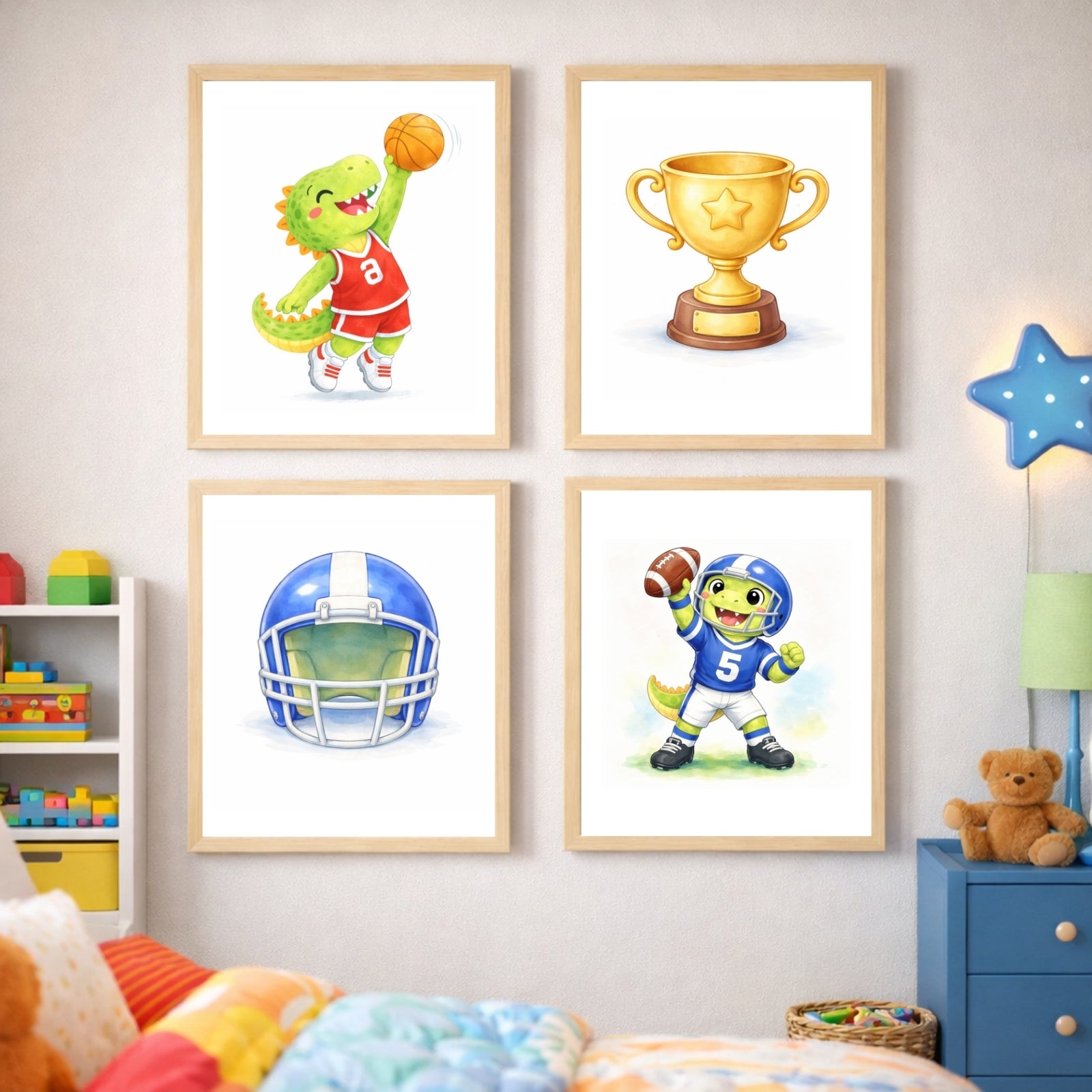 Dinosaur Nursery Wall Art Printable Set of 6, Sports Dino Watercolor Art, Baby Boy Room Decor, Kids Dinosaur Wall Decor, Playroom Printable