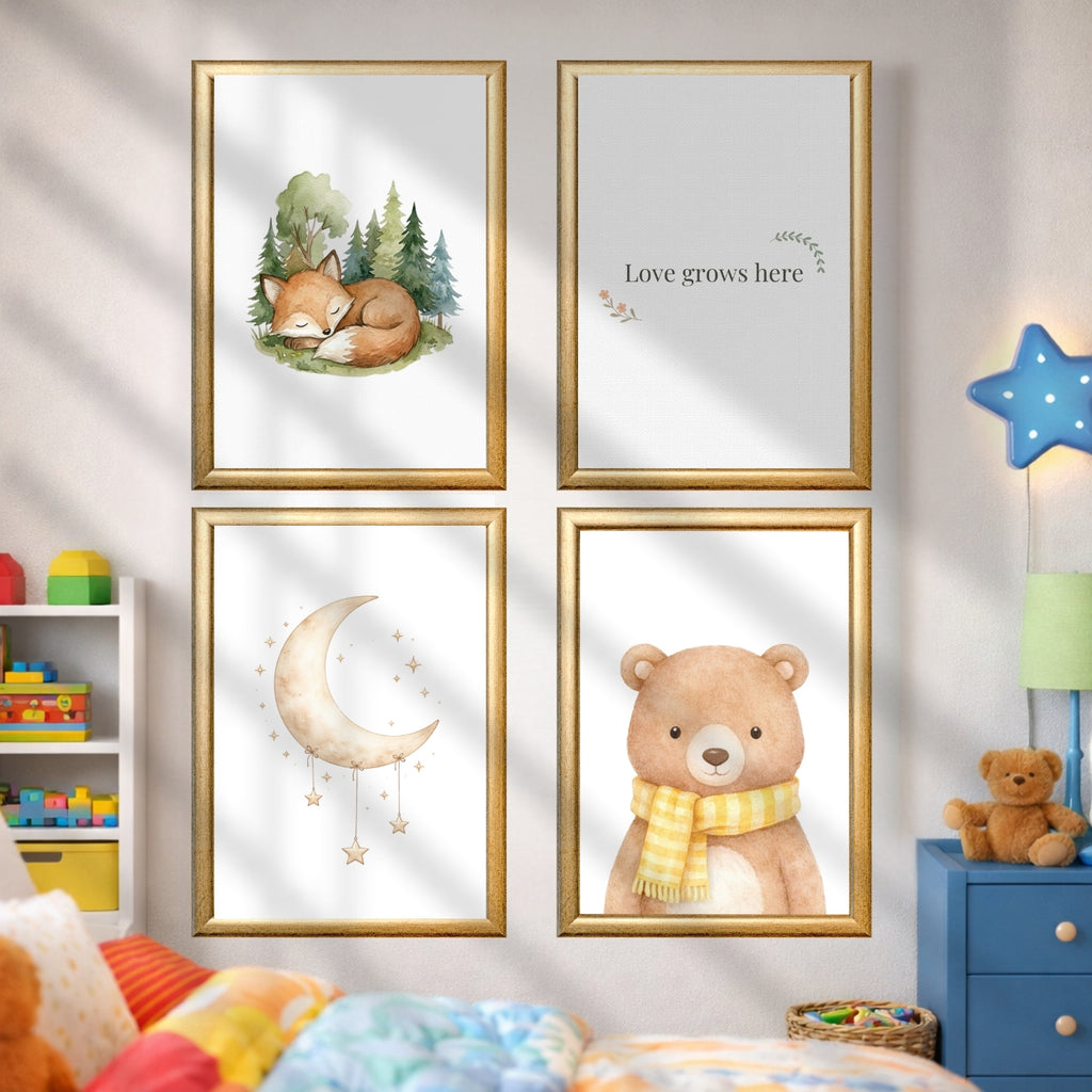 Woodland Nursery Wall Art Printable Set, Love Grows Here Nursery Decor, Boho Forest Animals Baby Room, Fox Bear Bunny 6 Print