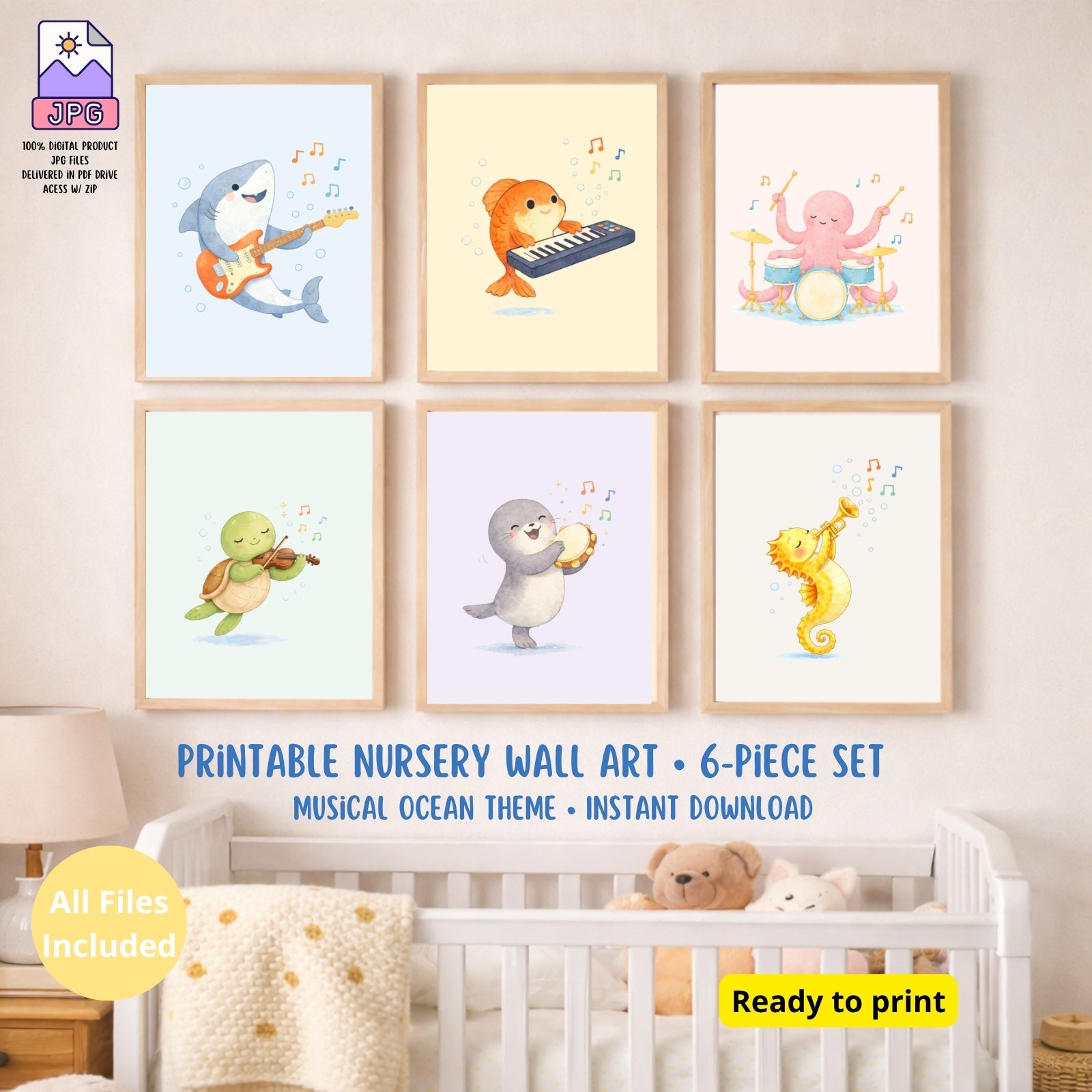 Ocean Animals Nursery Wall Art Set of 6, Printable Music Watercolor Prints, Baby Boy Girl Room Decor, Sea Animals Poster Instant Download