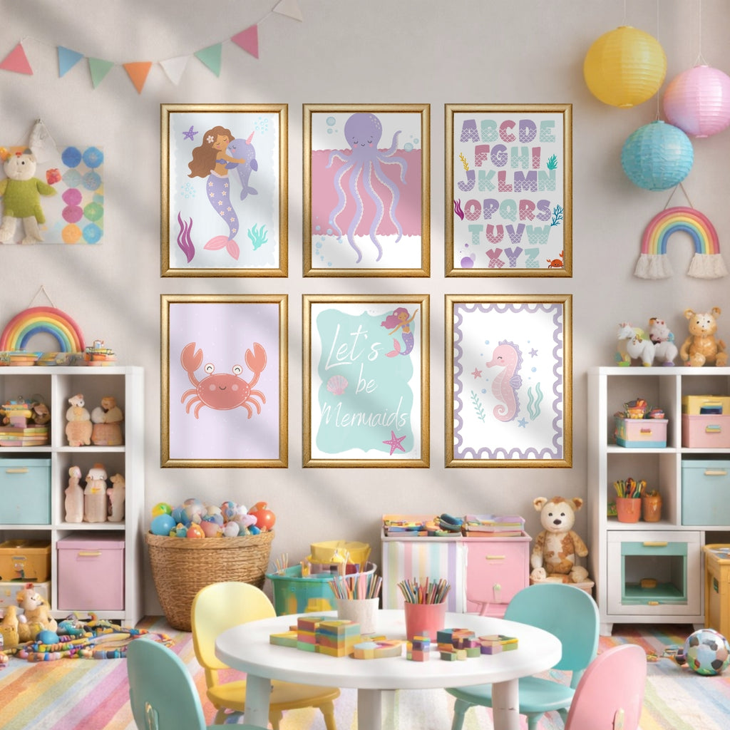 Under the Sea Printable Wall Art Set of 6, Mermaid Alphabet Poster Girls Room, Ocean Nursery Decor Digital Download, Pastel Kids Wall Art