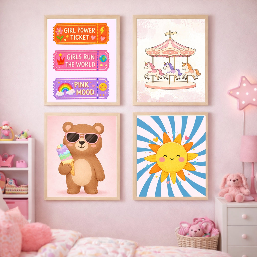 Girls Wall Art Bundle, 20 Prints for Kids Room Decor, Cute Animals Nursery Poster Set, Colorful Bedroom Printable, Digital Download
