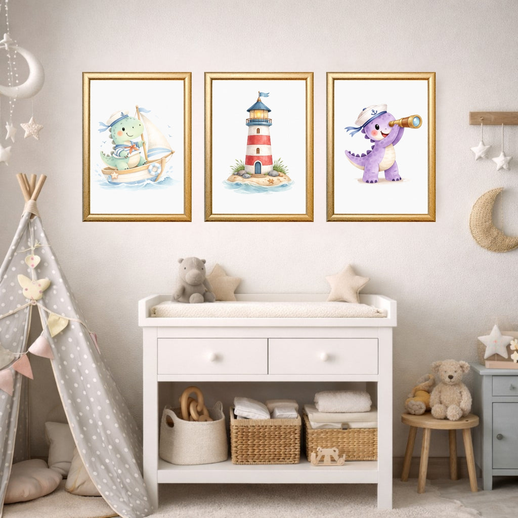 Dinosaur Nautical Wall Art Set of 6 Prints, Printable Kids Room Decor, Sailor Dino Nursery Poster, Baby Boy Bedroom Instant Download