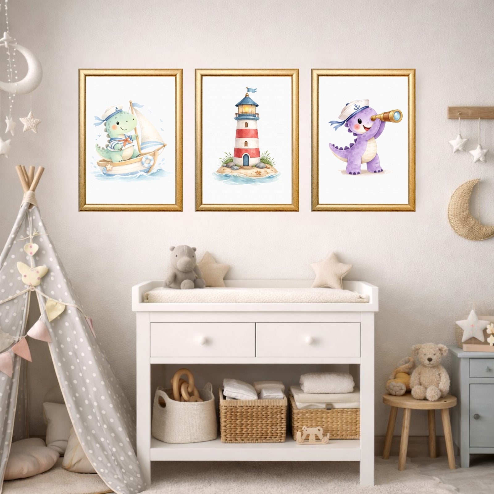 Dinosaur Nautical Wall Art Set of 6 Prints, Printable Kids Room Decor, Sailor Dino Nursery Poster, Baby Boy Bedroom Instant Download