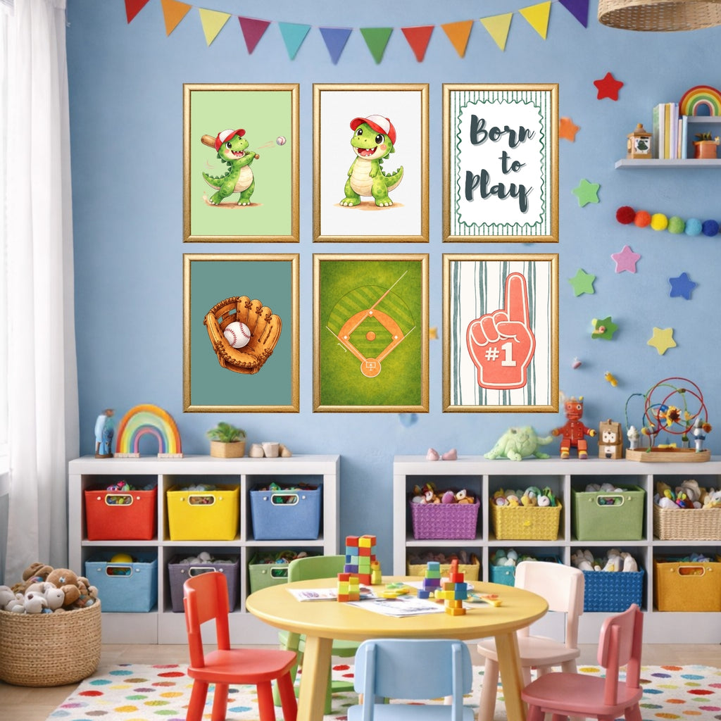 Dinosaur Baseball Wall Art Set of 6 Printable, Cool Boys Sports Room Decor, Big Kid Bedroom Digital Print, Dino Born to Play