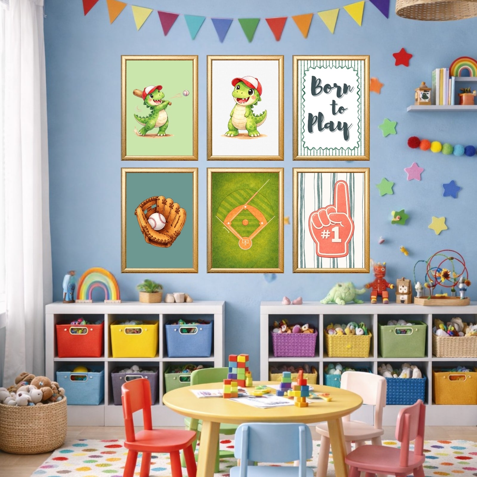 Dinosaur Baseball Wall Art Set of 6 Printable, Cool Boys Sports Room Decor, Big Kid Bedroom Digital Print, Dino Born to Play