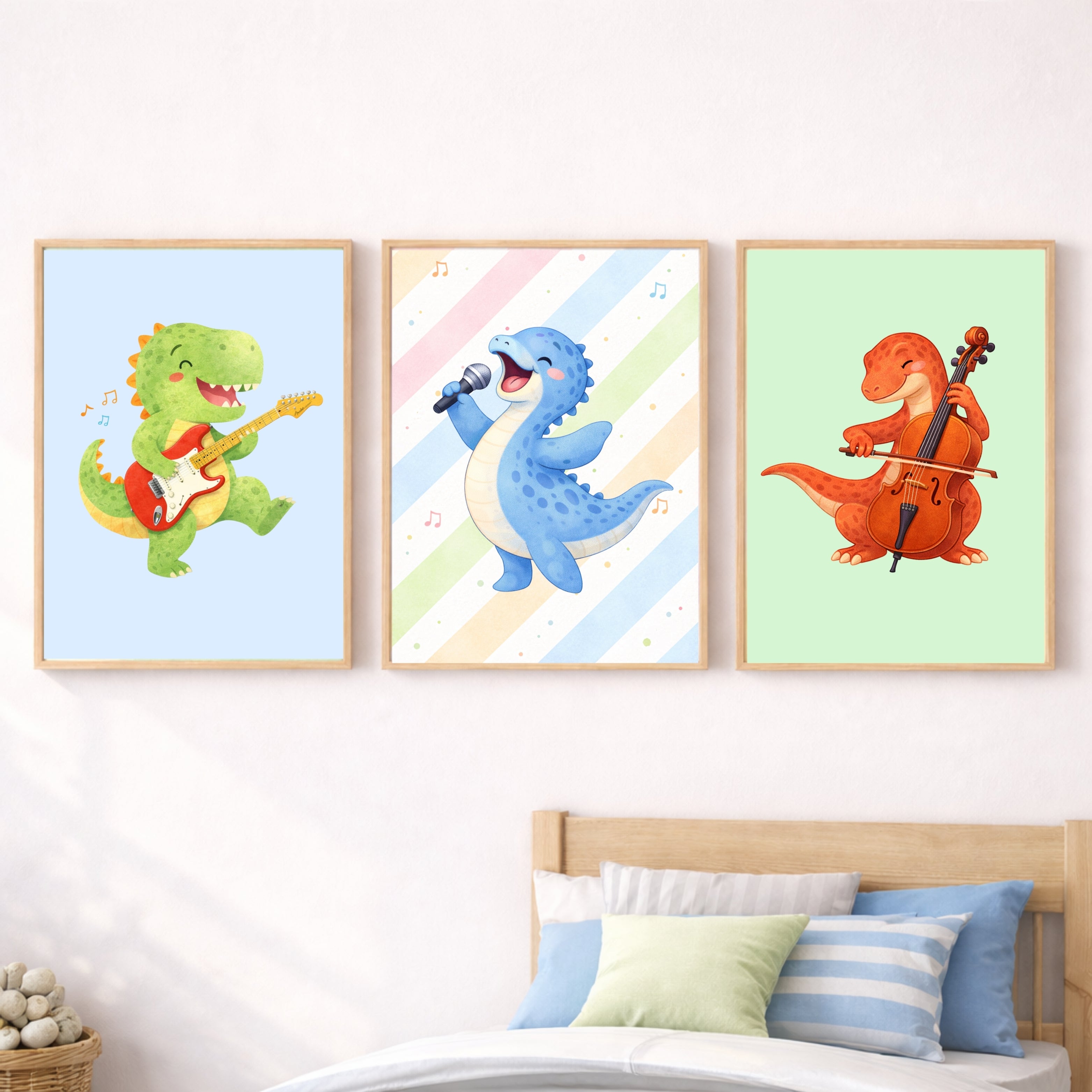 Musical Dinosaur Nursery Wall Art Set of 6 Printable, Dino Boys Room Decor, Baby Dinosaur Digital Print, Rock Star Kids Gift