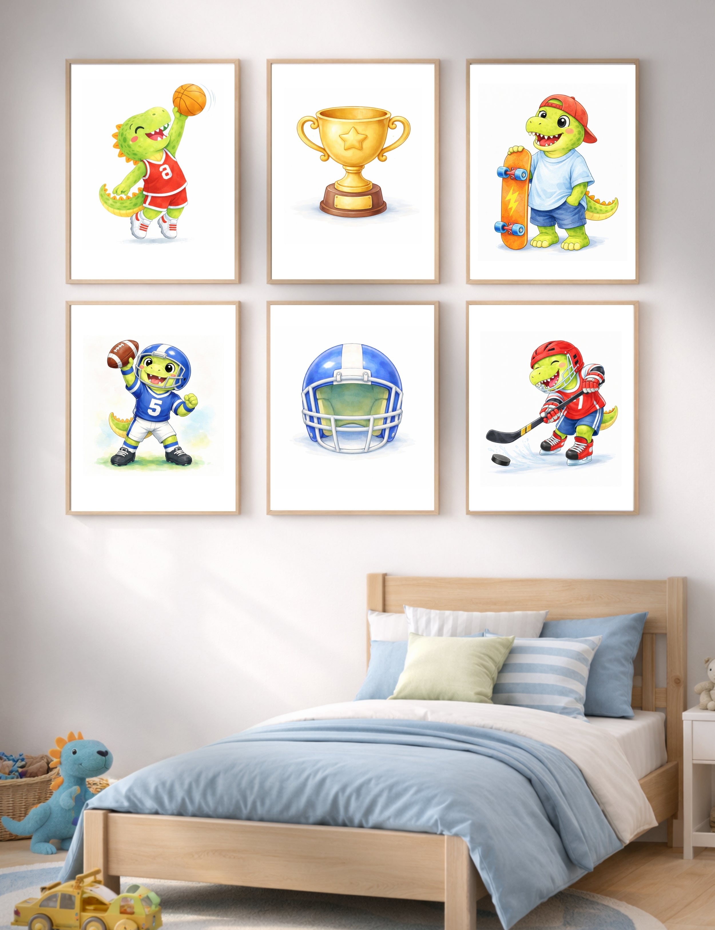 Dinosaur Nursery Wall Art Printable Set of 6, Sports Dino Watercolor Art, Baby Boy Room Decor, Kids Dinosaur Wall Decor, Playroom Printable