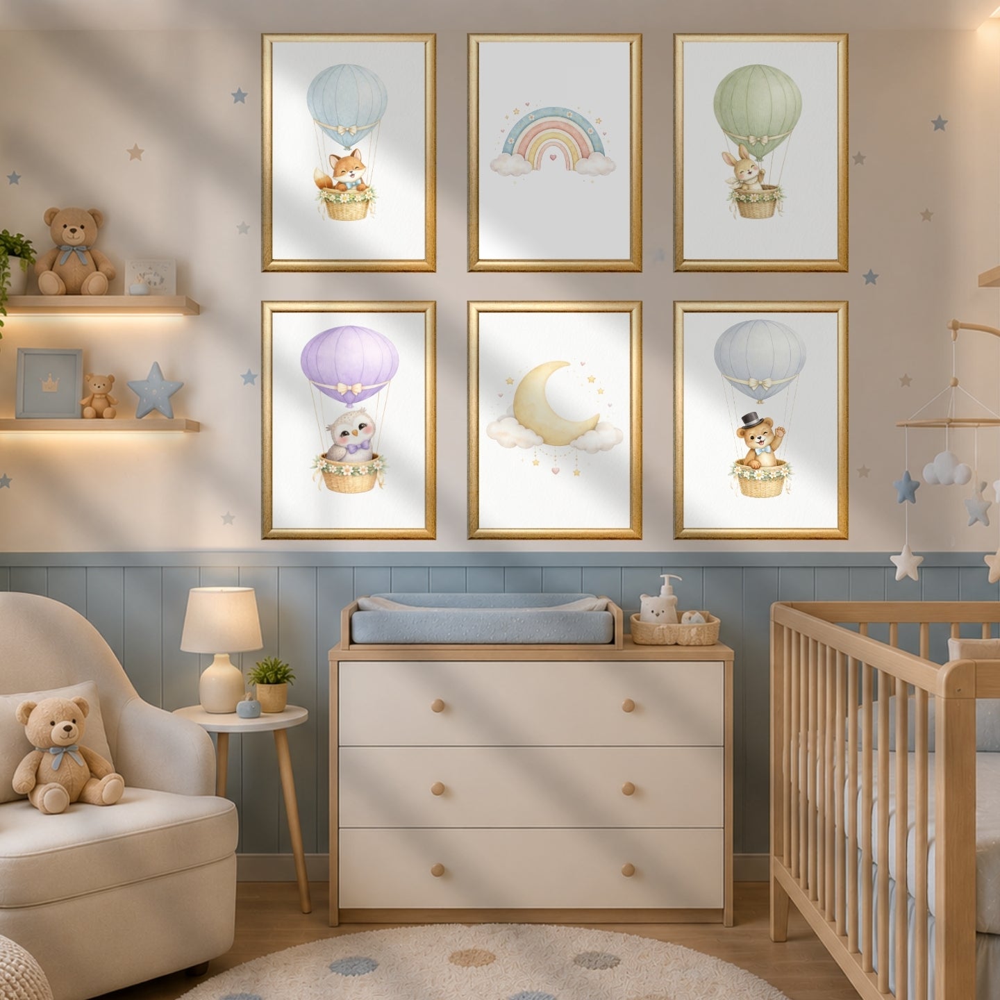 Hot Air Balloon Nursery Prints Set of 6 | Baby Animals Watercolor Wall Art | Rainbow Moon Nursery Decor | Gender Neutral | Kids Room Printable | Digital Download