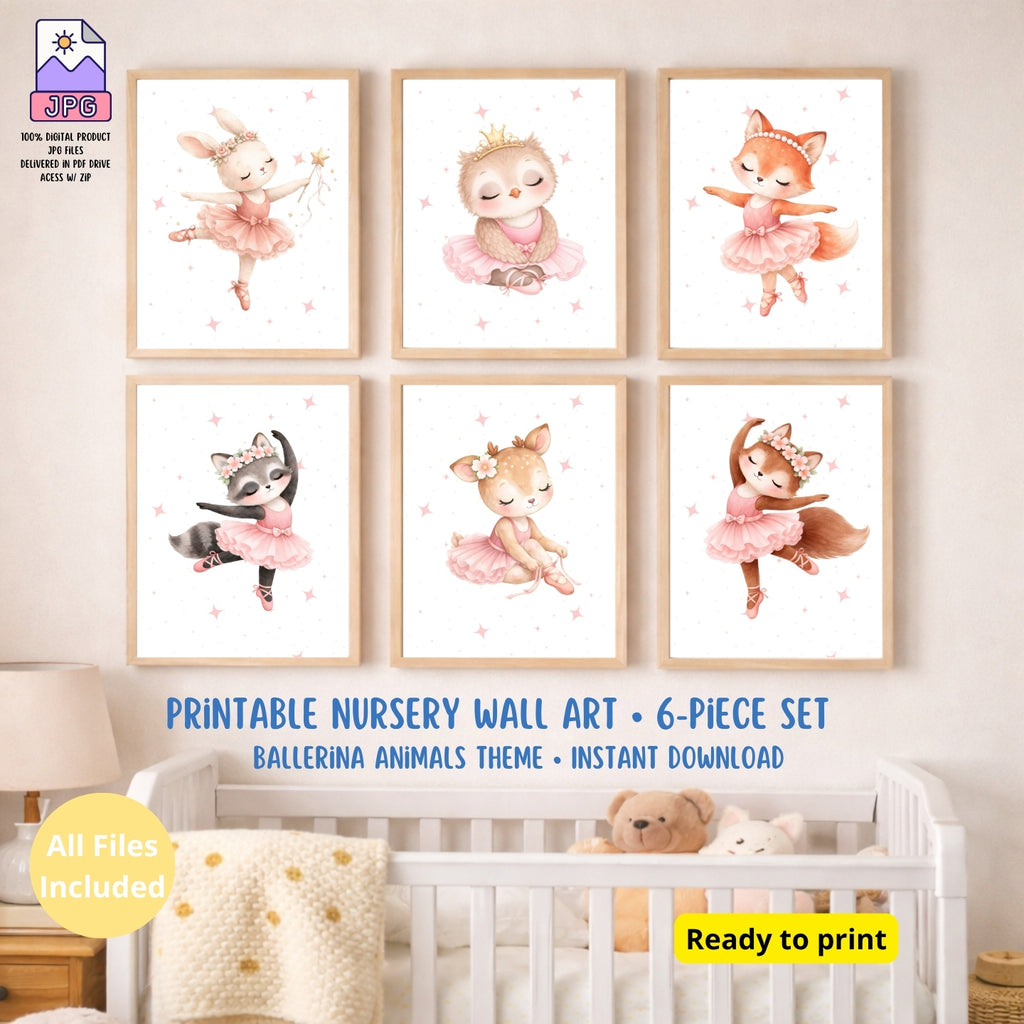 Ballerina Animals Nursery Wall Art Set of 6, Printable Watercolor Prints, Girls Room Decor, Baby Shower Gift, Instant Download