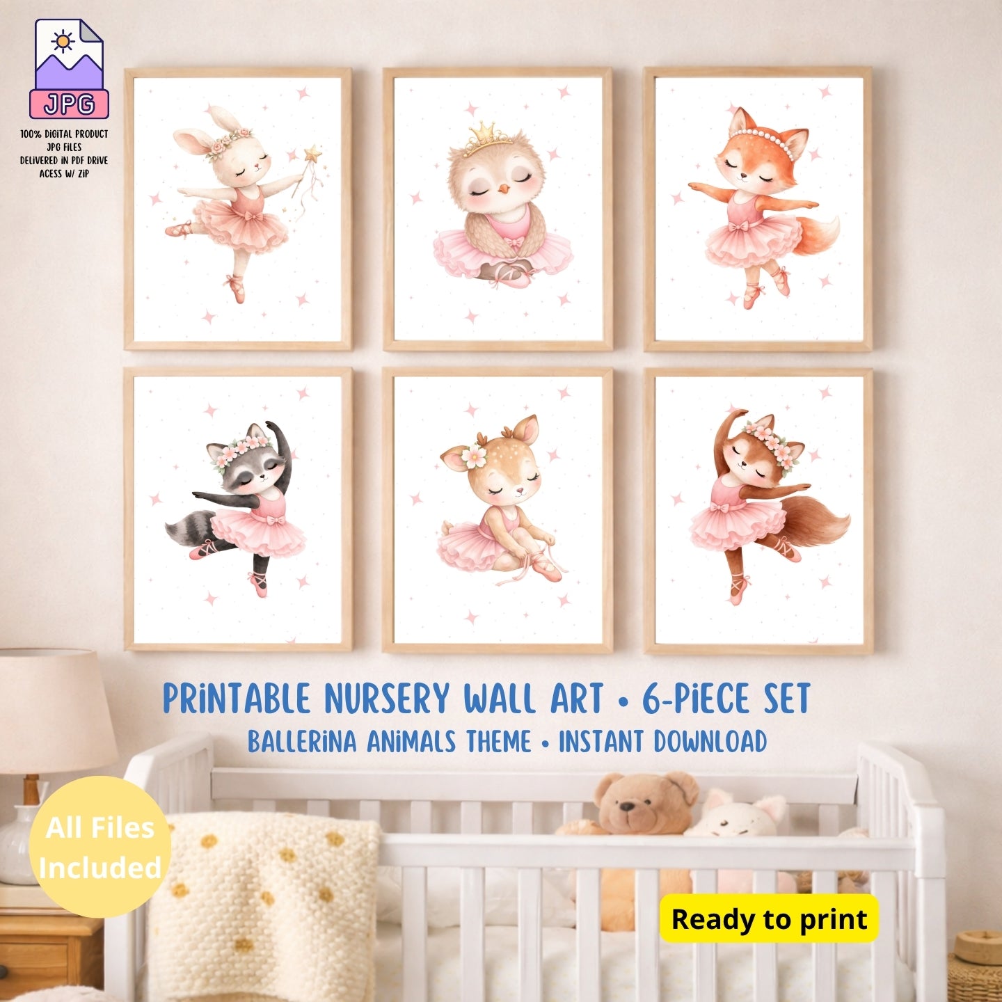 Ballerina Animals Nursery Wall Art Set of 6, Printable Watercolor Prints, Girls Room Decor, Baby Shower Gift, Instant Download