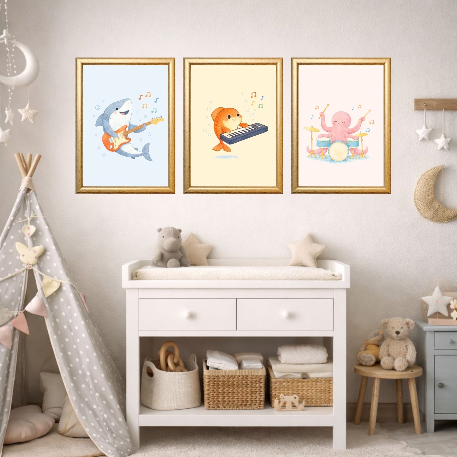 Ocean Animals Nursery Wall Art Set of 6, Printable Music Watercolor Prints, Baby Boy Girl Room Decor, Sea Animals Poster Instant Download