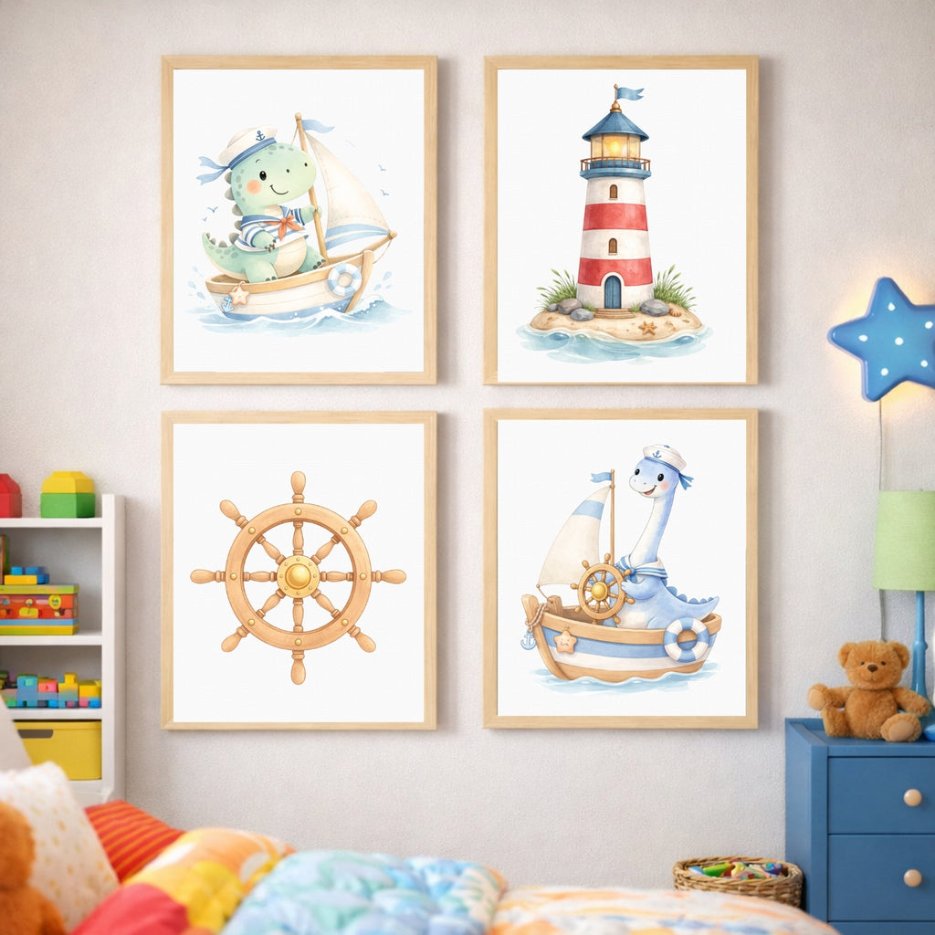 Dinosaur Nautical Wall Art Set of 6 Prints, Printable Kids Room Decor, Sailor Dino Nursery Poster, Baby Boy Bedroom Instant Download