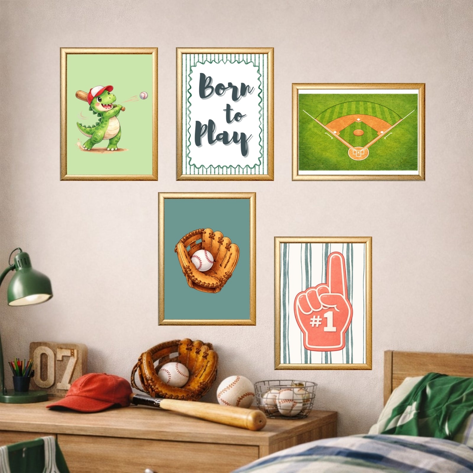 Dinosaur Baseball Wall Art Set of 6 Printable, Cool Boys Sports Room Decor, Big Kid Bedroom Digital Print, Dino Born to Play