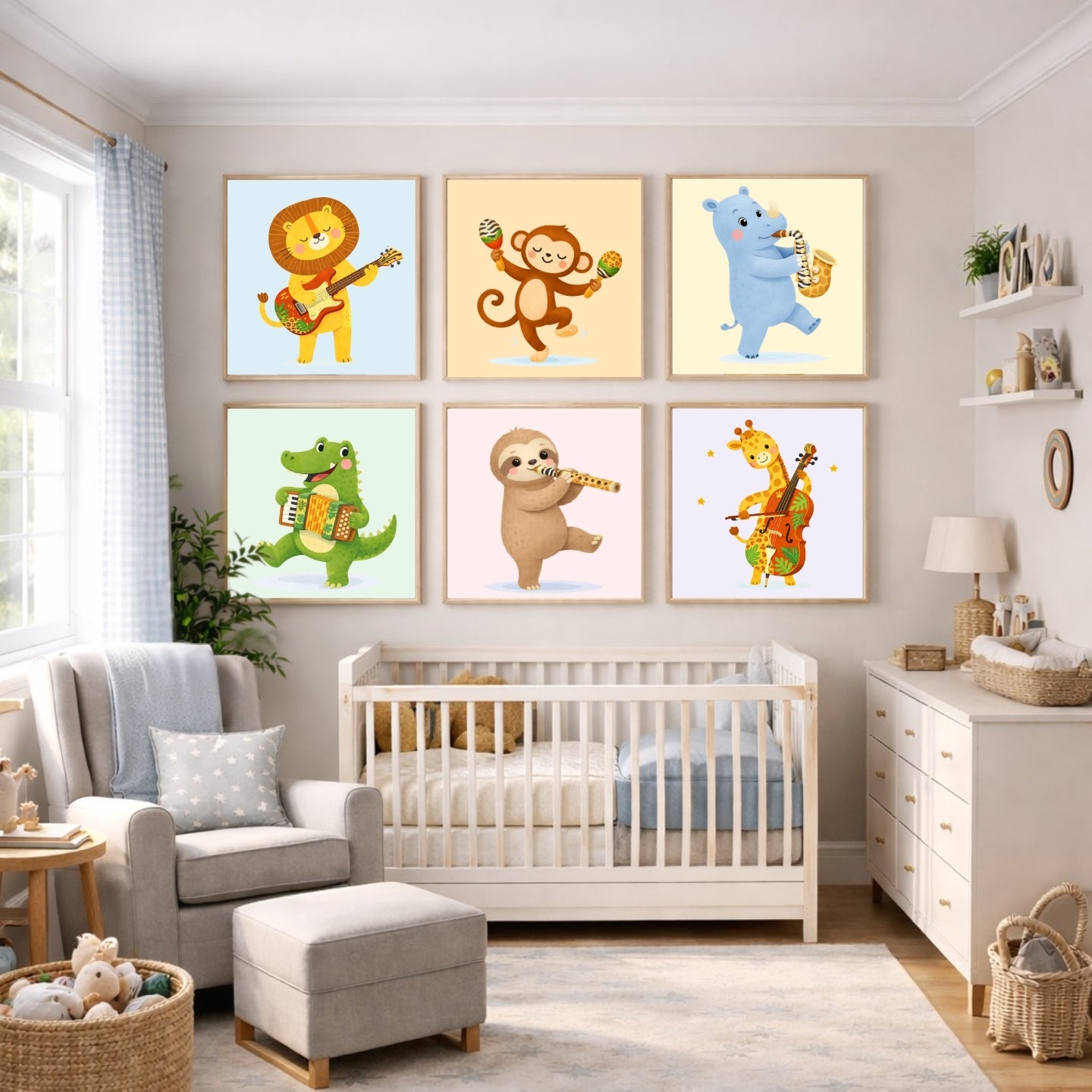 Safari Musical Nursery Wall Art Set of 6 | Baby Animals Music Prints | Jungle Nursery Decor | Kids Room Printable | Toddler Wall Art | Digital Download