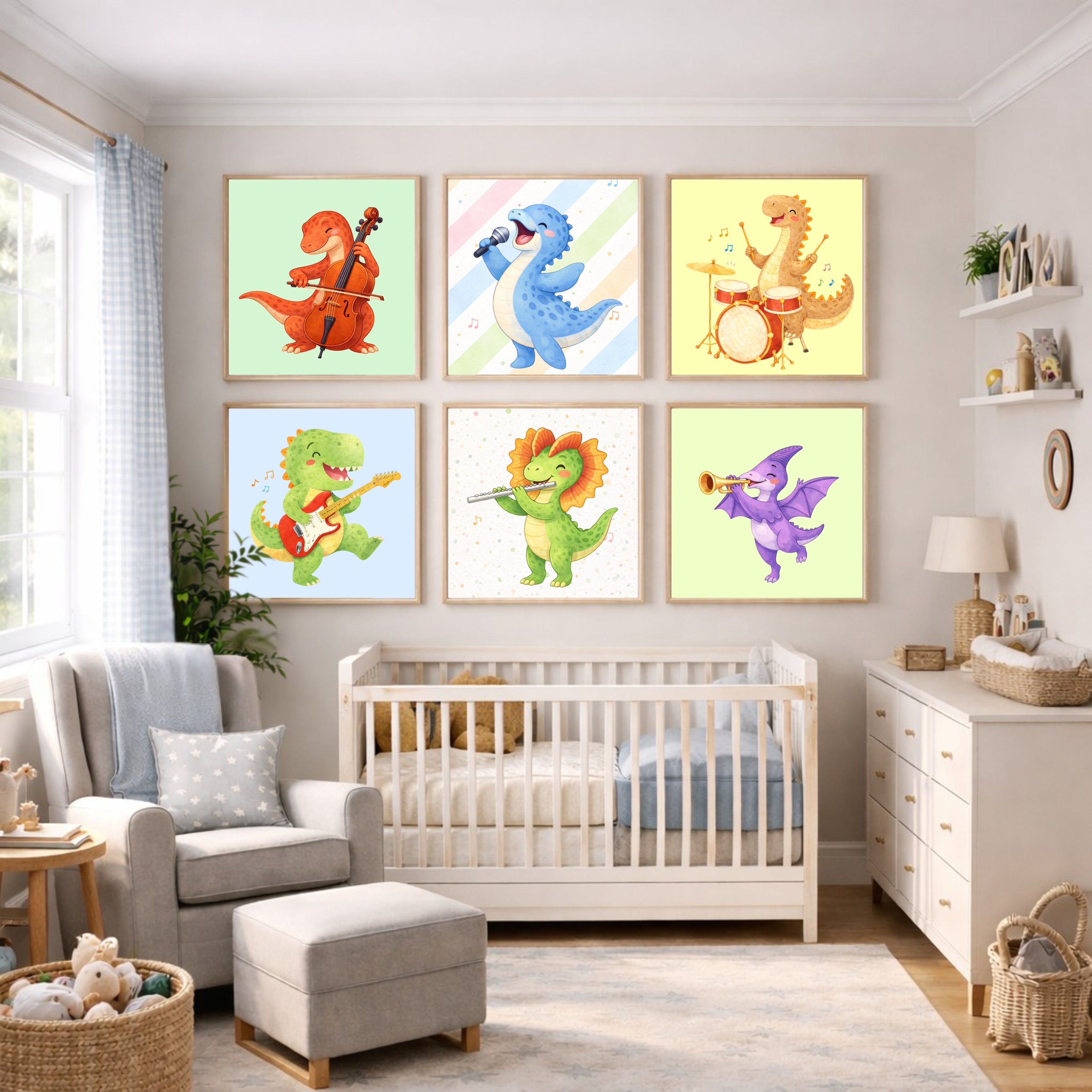 Musical Dinosaur Nursery Wall Art Set of 6 Printable, Dino Boys Room Decor, Baby Dinosaur Digital Print, Rock Star Kids Gift