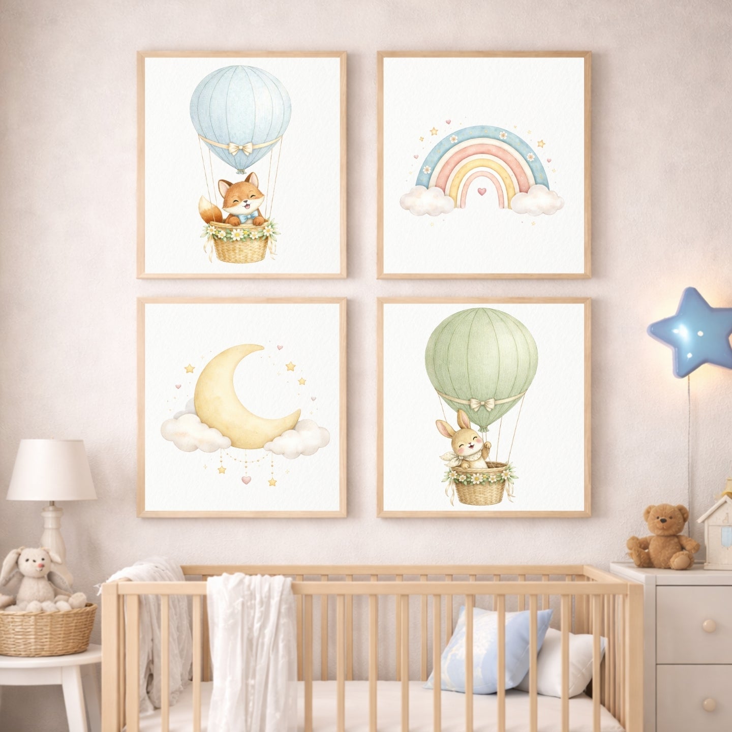 Hot Air Balloon Nursery Prints Set of 6 | Baby Animals Watercolor Wall Art | Rainbow Moon Nursery Decor | Gender Neutral | Kids Room Printable | Digital Download