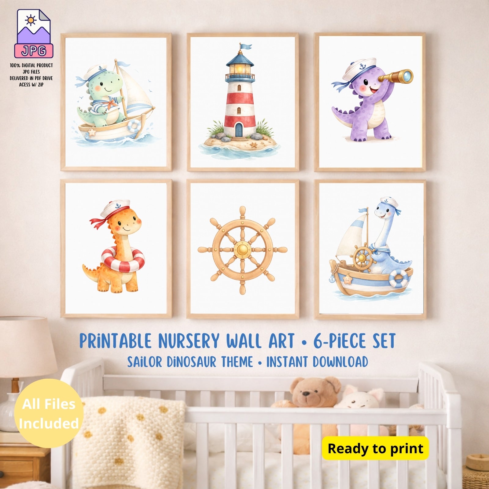 Dinosaur Nautical Wall Art Set of 6 Prints, Printable Kids Room Decor, Sailor Dino Nursery Poster, Baby Boy Bedroom Instant Download