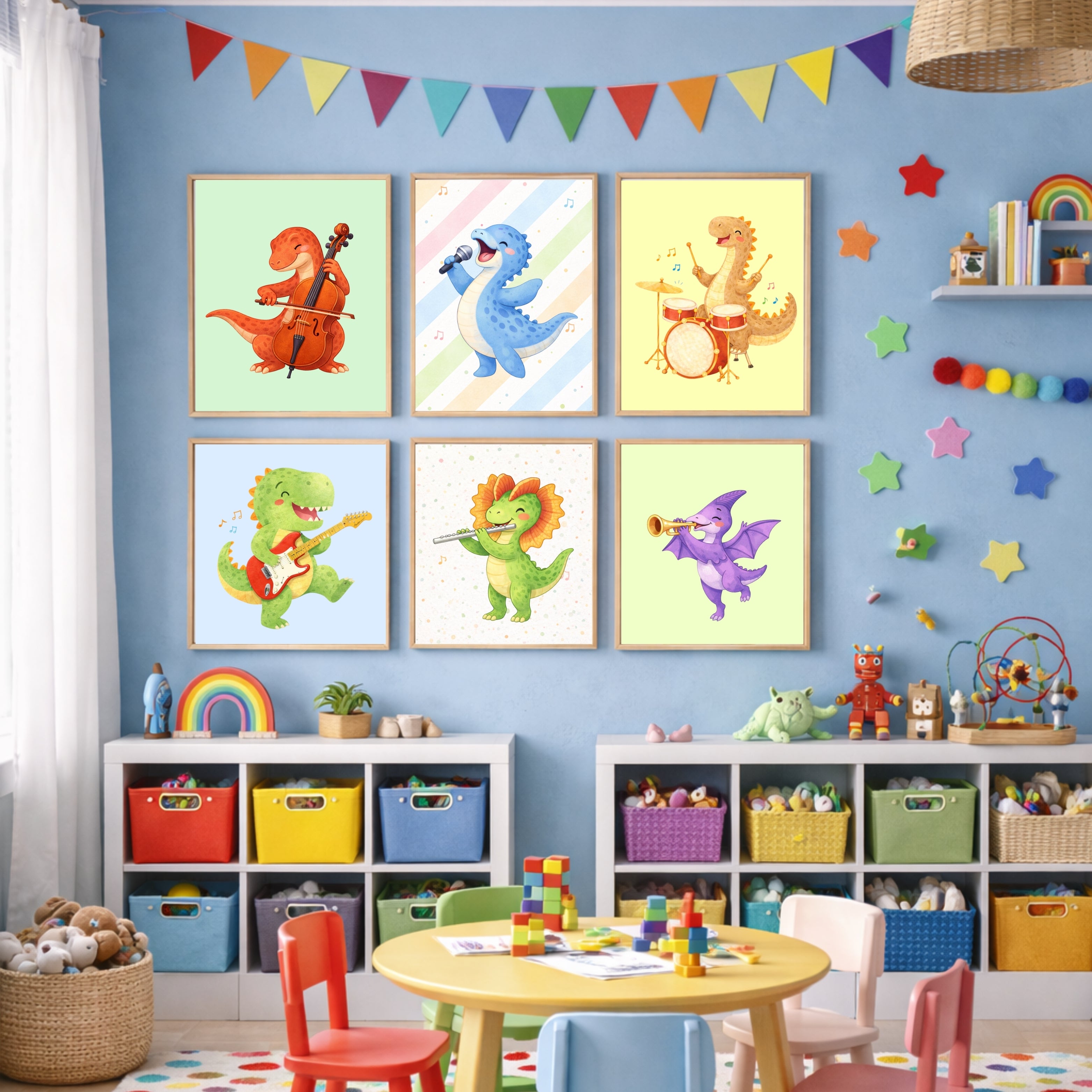 Musical Dinosaur Nursery Wall Art Set of 6 Printable, Dino Boys Room Decor, Baby Dinosaur Digital Print, Rock Star Kids Gift