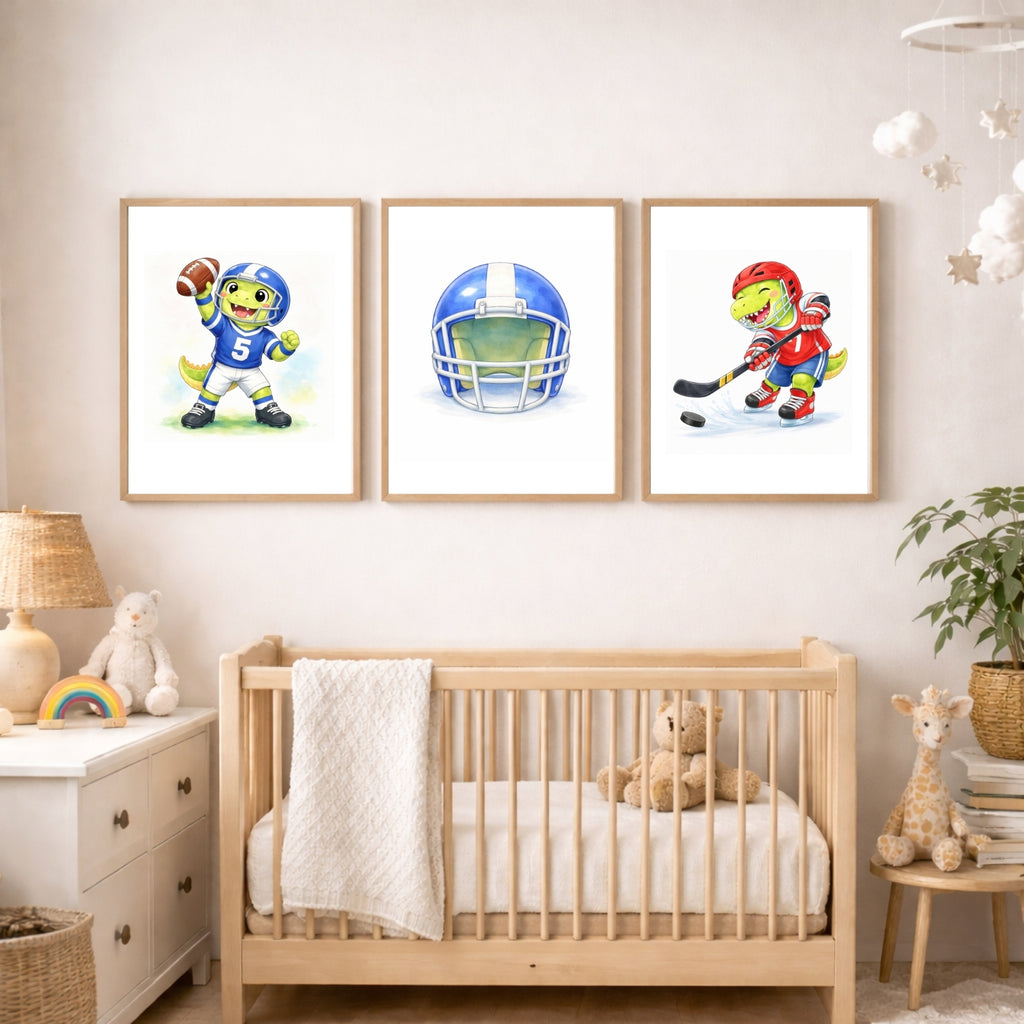 Dinosaur Nursery Wall Art Printable Set of 6, Sports Dino Watercolor Art, Baby Boy Room Decor, Kids Dinosaur Wall Decor, Playroom Printable