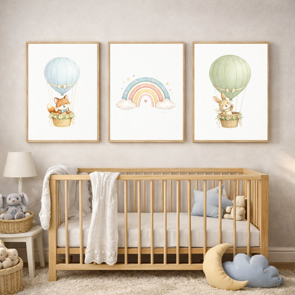Hot Air Balloon Nursery Prints Set of 6 | Baby Animals Watercolor Wall Art | Rainbow Moon Nursery Decor | Gender Neutral | Kids Room Printable | Digital Download