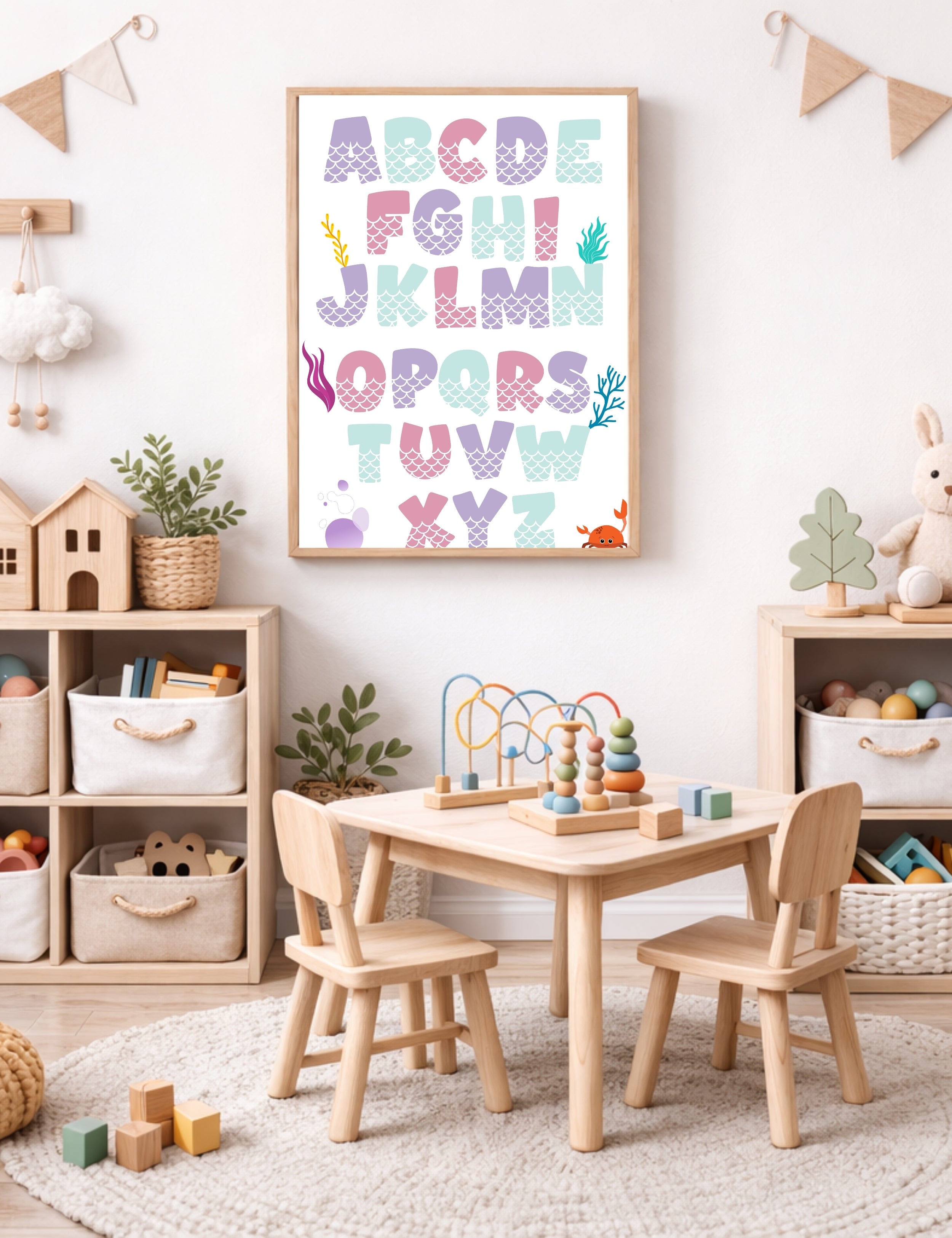 Under the Sea Printable Wall Art Set of 6, Mermaid Alphabet Poster Girls Room, Ocean Nursery Decor Digital Download, Pastel Kids Wall Art