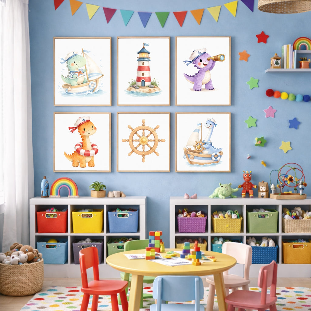 Dinosaur Nautical Wall Art Set of 6 Prints, Printable Kids Room Decor, Sailor Dino Nursery Poster, Baby Boy Bedroom Instant Download