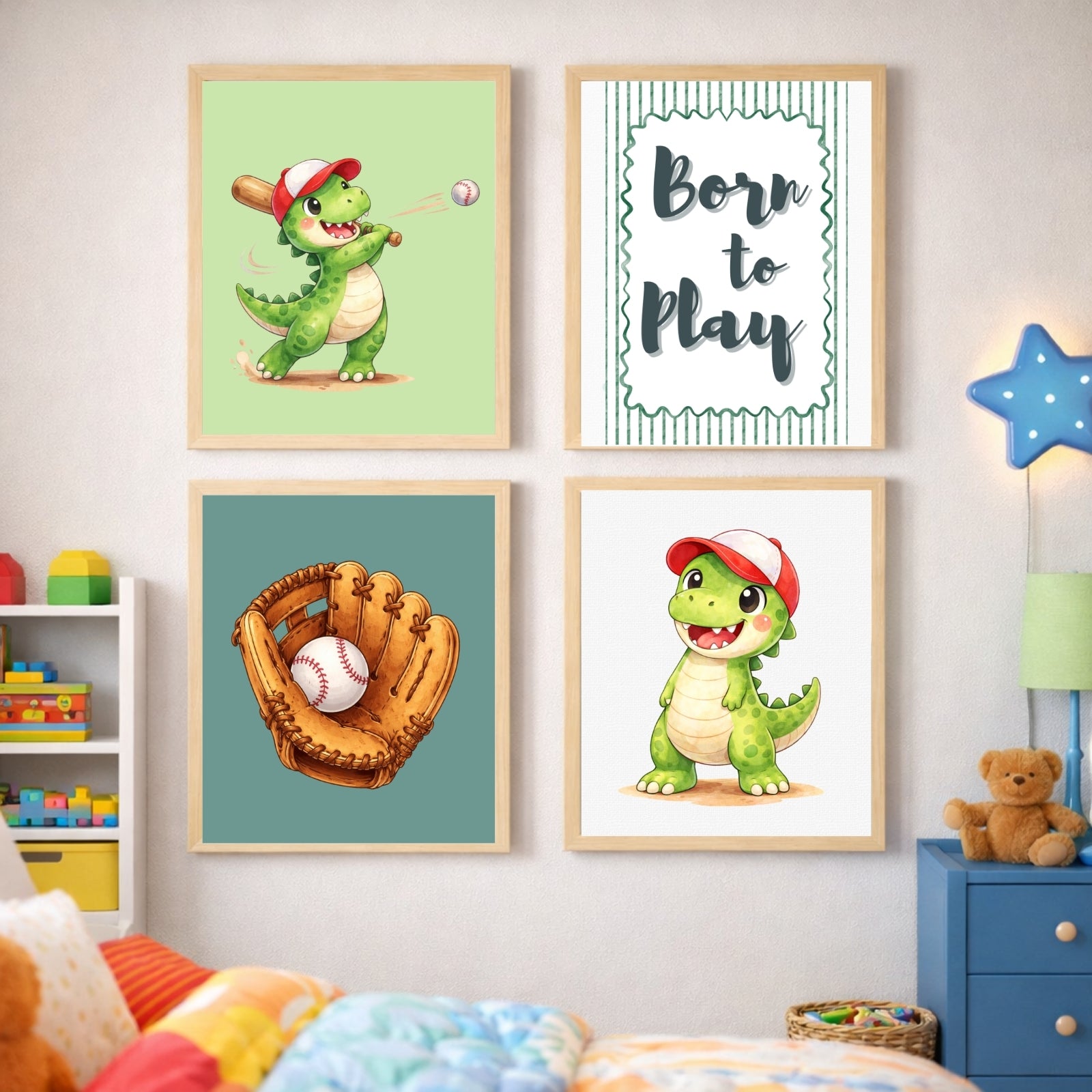 Dinosaur Baseball Wall Art Set of 6 Printable, Cool Boys Sports Room Decor, Big Kid Bedroom Digital Print, Dino Born to Play