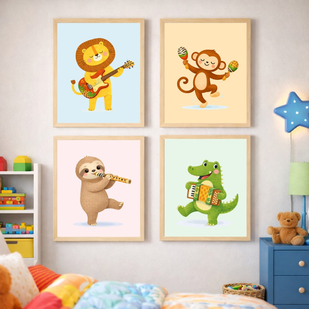 Safari Musical Nursery Wall Art Set of 6 | Baby Animals Music Prints | Jungle Nursery Decor | Kids Room Printable | Toddler Wall Art | Digital Download
