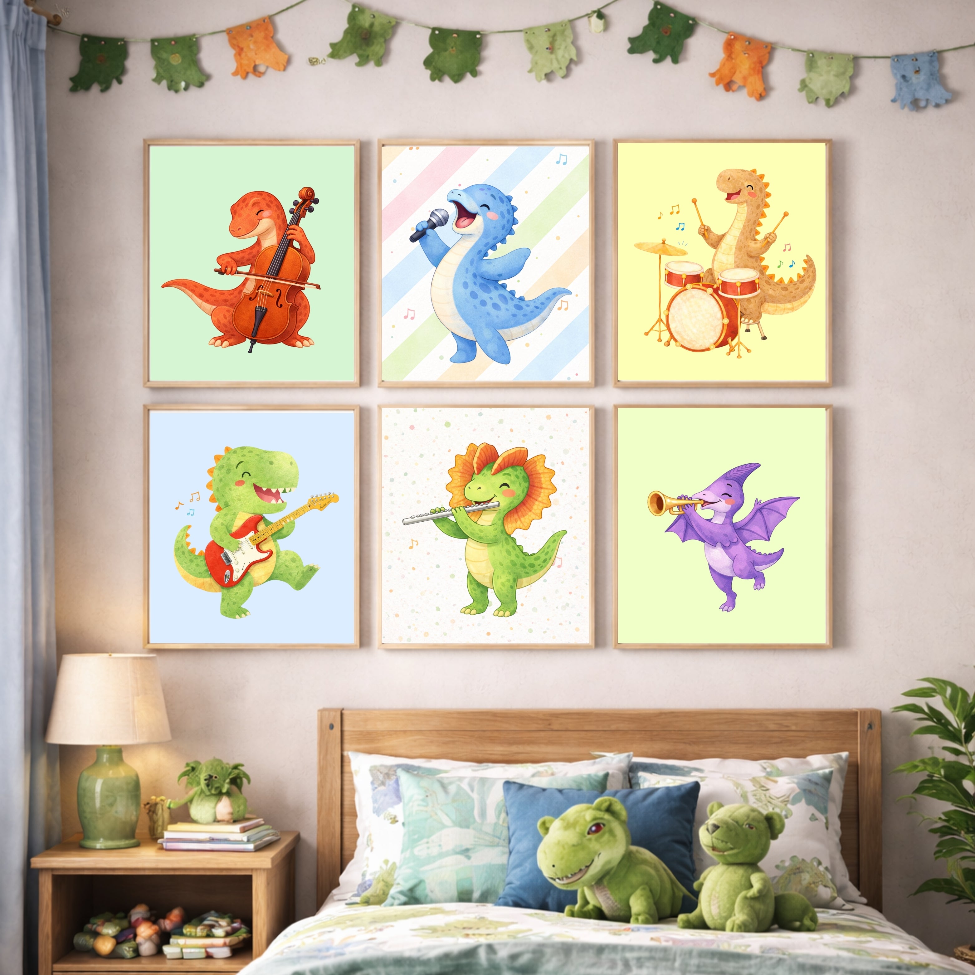 Musical Dinosaur Nursery Wall Art Set of 6 Printable, Dino Boys Room Decor, Baby Dinosaur Digital Print, Rock Star Kids Gift